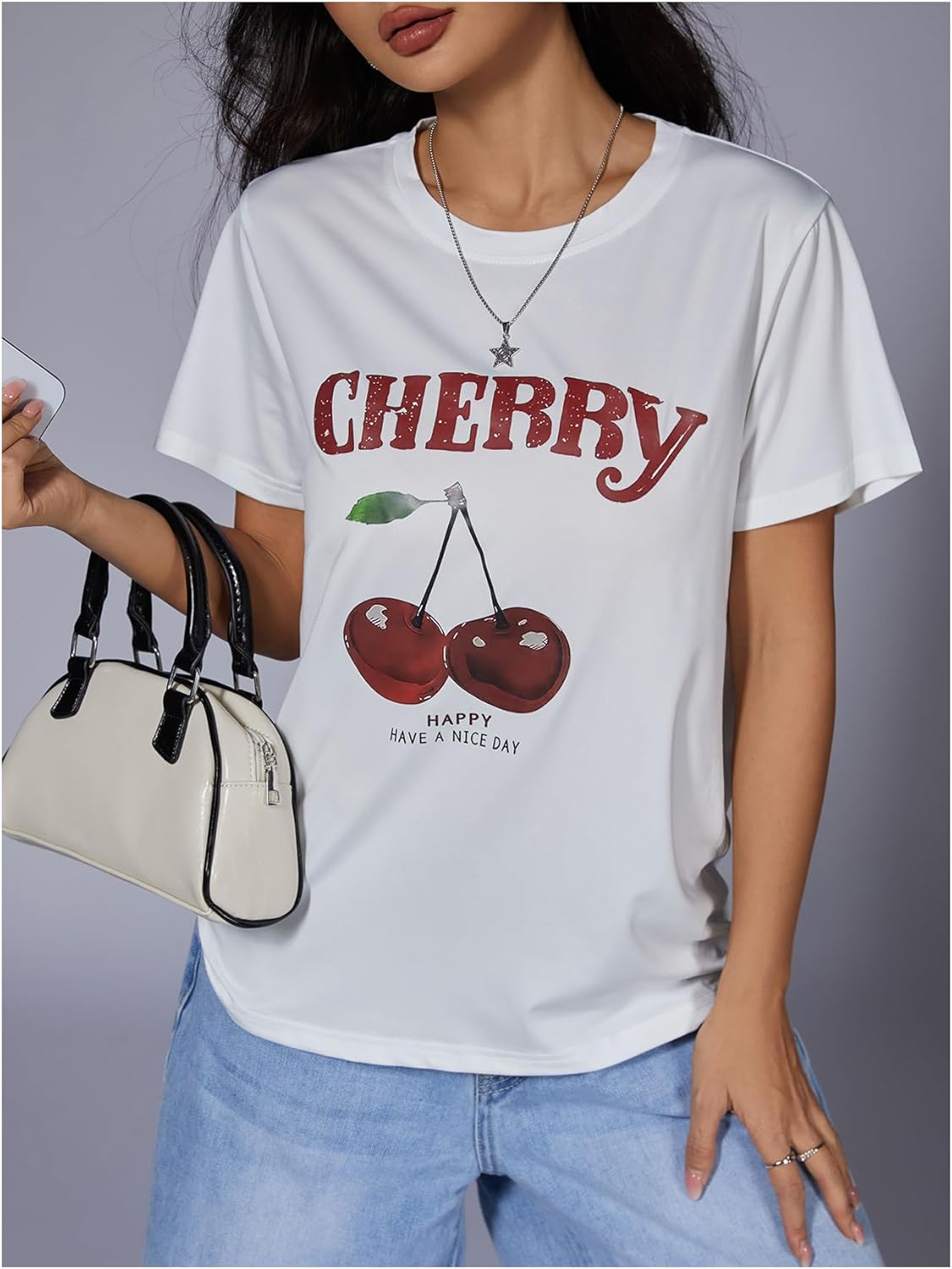 SHENHE Women's Cherry Print Tee Shirt Short Sleeve Crew Neck Summer Cute Tshirt Top - Image 4