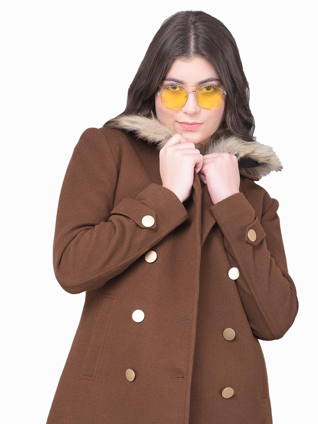crimsoune club Women's Brown Double Breasted Overcoat With Fur Detail-picture-42