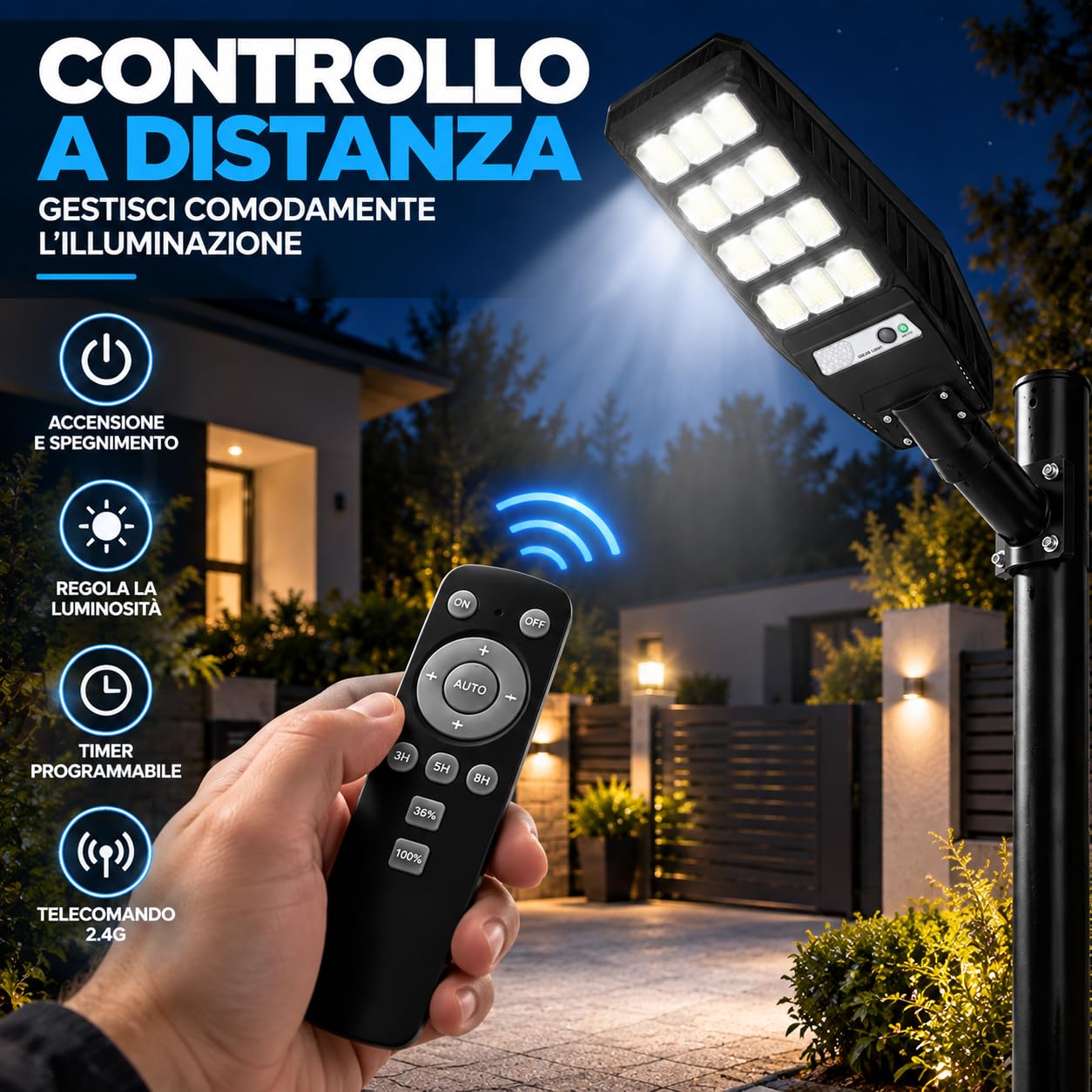 Lampione Solare LED 600W da Esterno, Sensore di Movimento, Telecomando, IP65