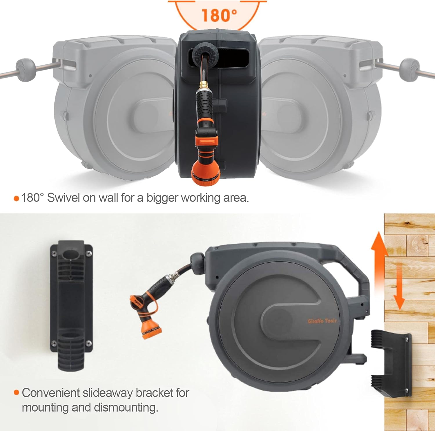 Giraffe 2 Way Hose Splitter with Garden Hose Reel Retractable 1/2" 78ft Heavy Duty Heavy Duty 9 Pattern Hose Nozzle Any Length Lock