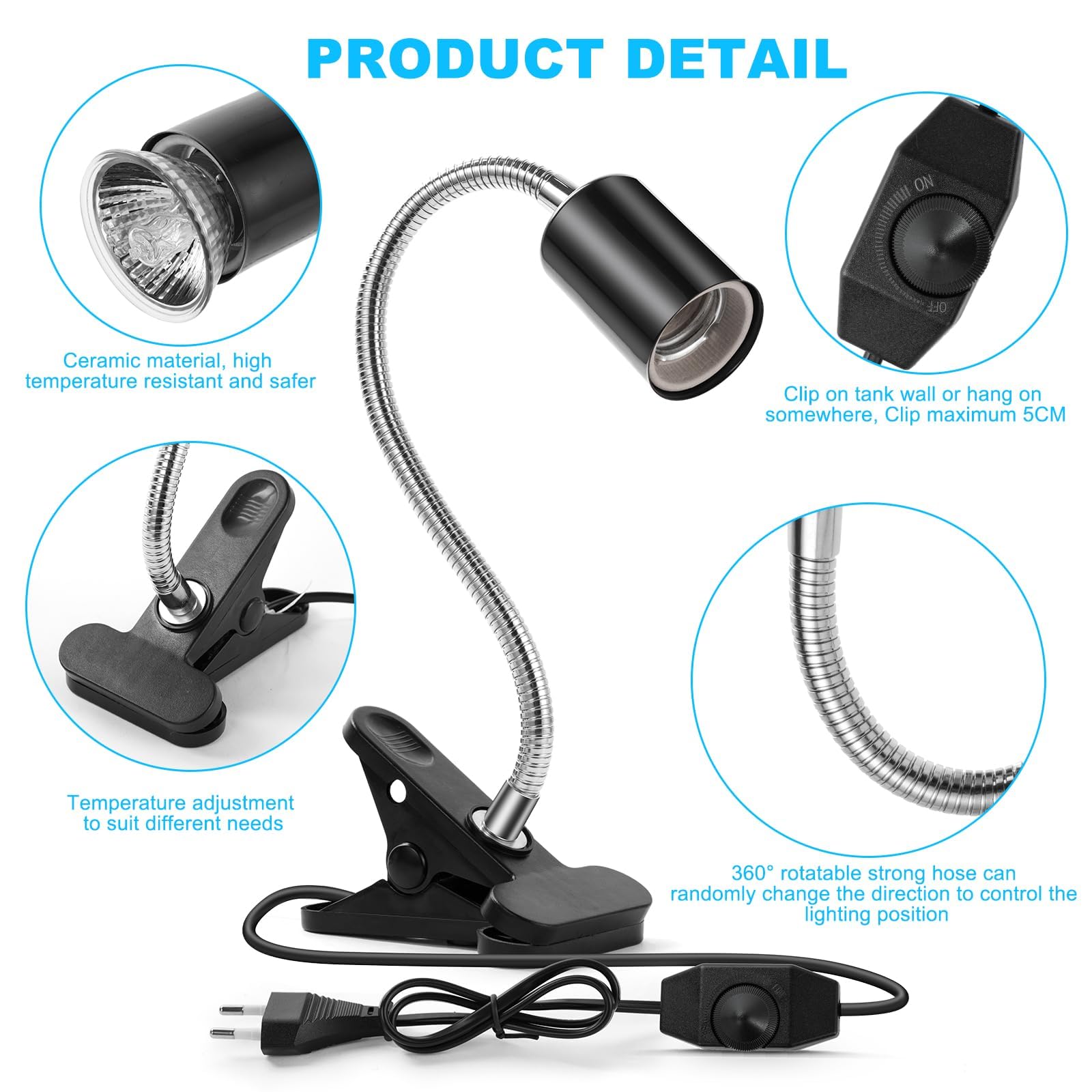 Lampada Tartarughe con 1 Portalampada E27 e 2 50W Lampadine UVA UVB a Punto Basking e Morsetto Girevole a 360° per Rettili, Tartaruga, Serpente, Lucertola, Camaleonte
