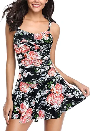 SHEKINI Women's Crossover Ruched Skirt One Piece Swimdress Swimsuit Bathing Suit