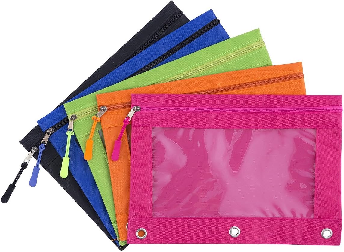 Binder Pencil Pouch with Zipper Pulls, Pencil Case with Rivet Enforced 3 Ring, Multicolored 5 Pack