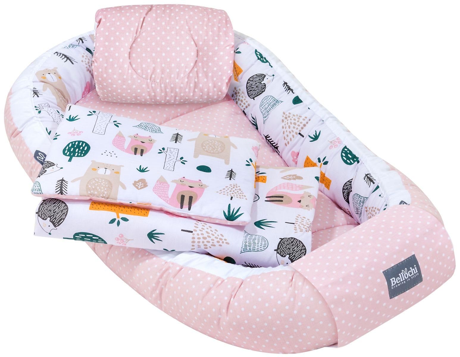 Bellochi | Set di 5 Pezzi per Neonato | Realizzato in 100% Cotone | Riduttore Lettino Neonato 90x60cm | Cuscino Bambino | Cuscino Neonato con Fodere | 4rest