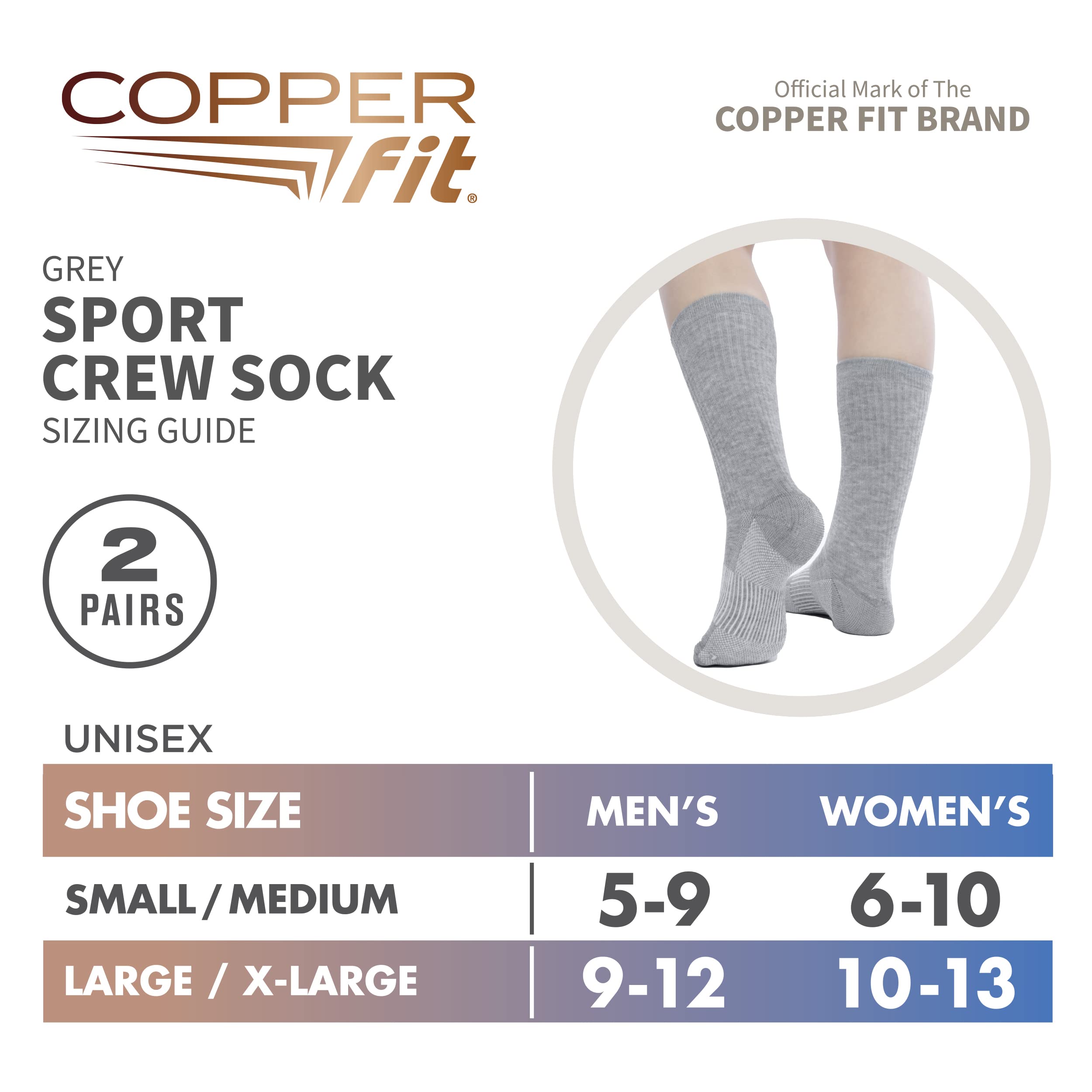 Copper Fit Skarpety sportowe uniseks, 2 pary, Szary, L/XL