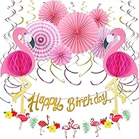 Vista 1 de Decoración de panal de abeja de flamenco, abanicos de papel rosa colgantes, pancartas de cumpleaños, decoraciones de remolinos