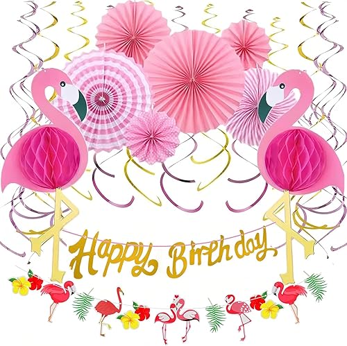 Decoración de panal de abeja de flamenco, abanicos de papel rosa colgantes, pancartas de cumpleaños, decoraciones de remolinos (6 abanicos, 2