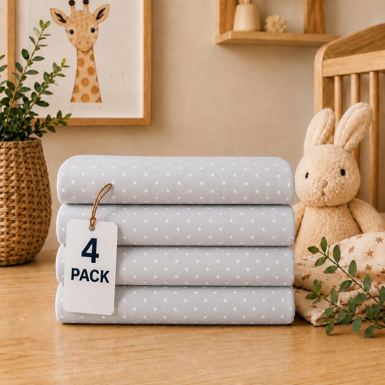 BABYMAM 4 Pack Jersey Fitted Sheets 160 x 80 cm, 100% Cotton Stretch Fitted Bed Sheets, Soft Breathable Elasticated Mattress Sheets for Toddler & Junior Beds (Small Stars with Grey)