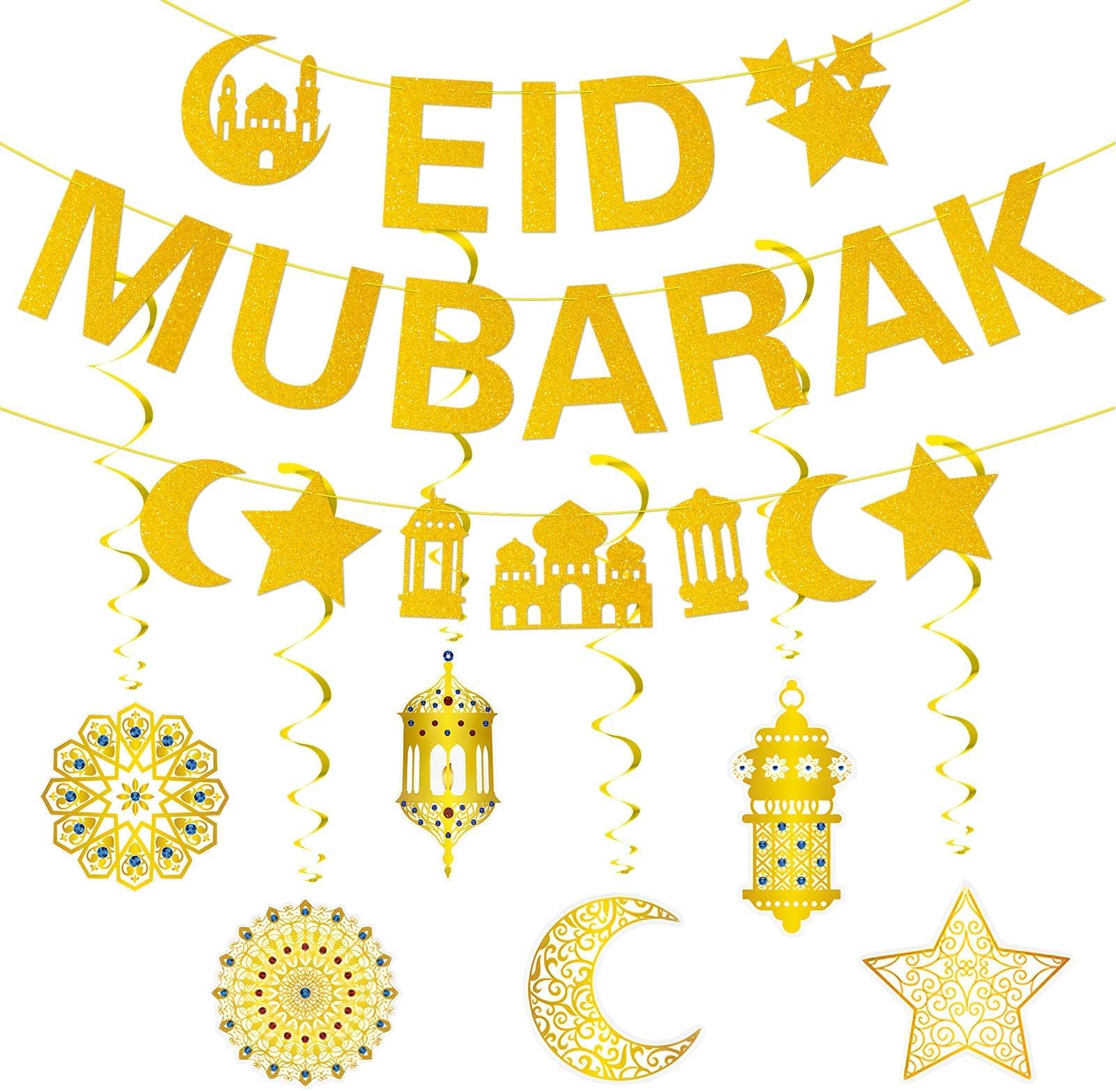Eid Decorations - Glitter Eid Mubarak Banner Hanging Swirl Sets, Gold Star Moon Castle Crescent Ceiling Decoration, Muslim Ramadan Decorations for Islam Holiday Party Supplies