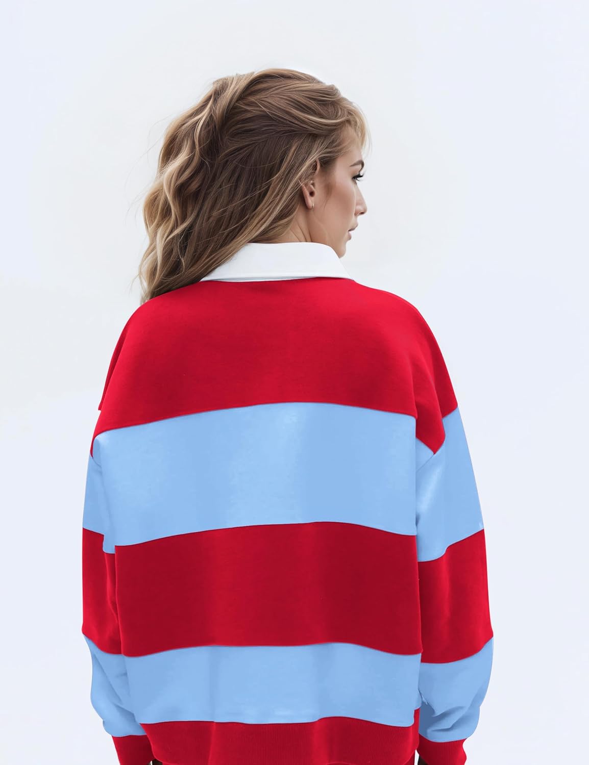 Women Oversized Striped Polo Sweatshirt Color Block Lapel Collared Pullover Tops Striped Long Sleeve Rugby Shirts - Image 4
