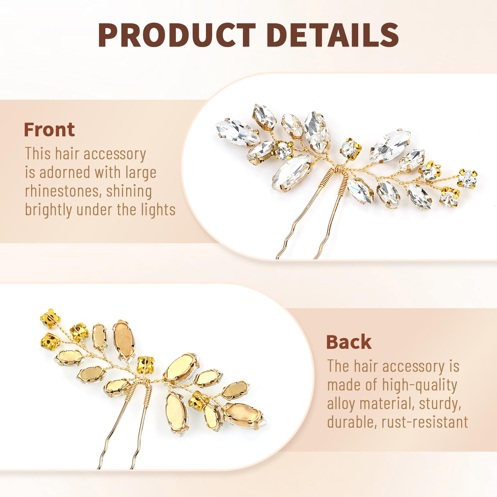 inSowni 4 Pieces Gold Metal Wedding Bridal Rhinestone Hair Side Comb Slide+U-shaped Rhinestone Hair Pins Prom Party Headpieces for Brides Bridesmaids Women Girls - Image 4
