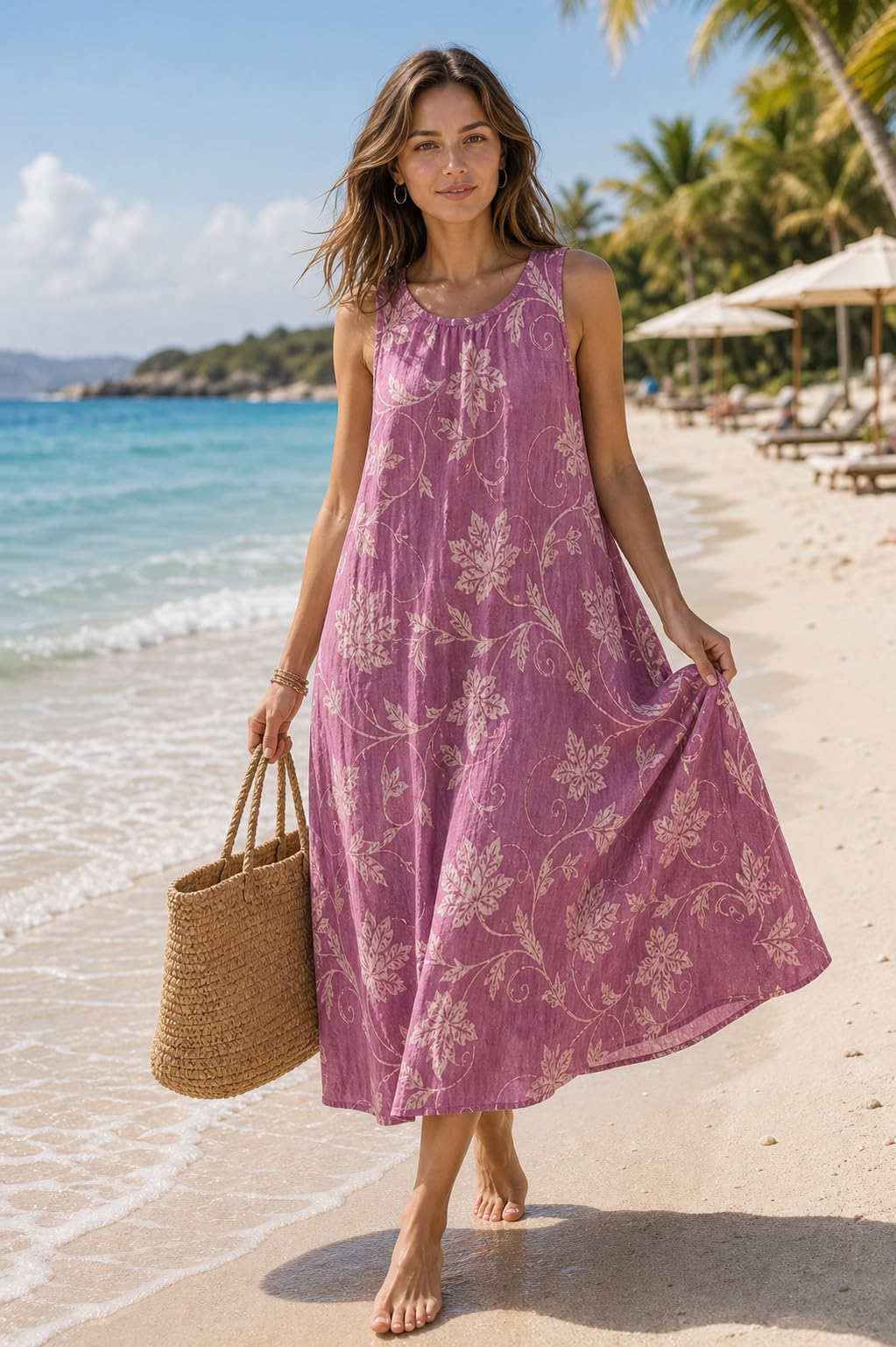 Sommerkleid Damen Ärmellose Strandkleid Rundhalsausschnitt Blumenprint Maxi Kleid Freizeitkleid Sommer Kleider Casual