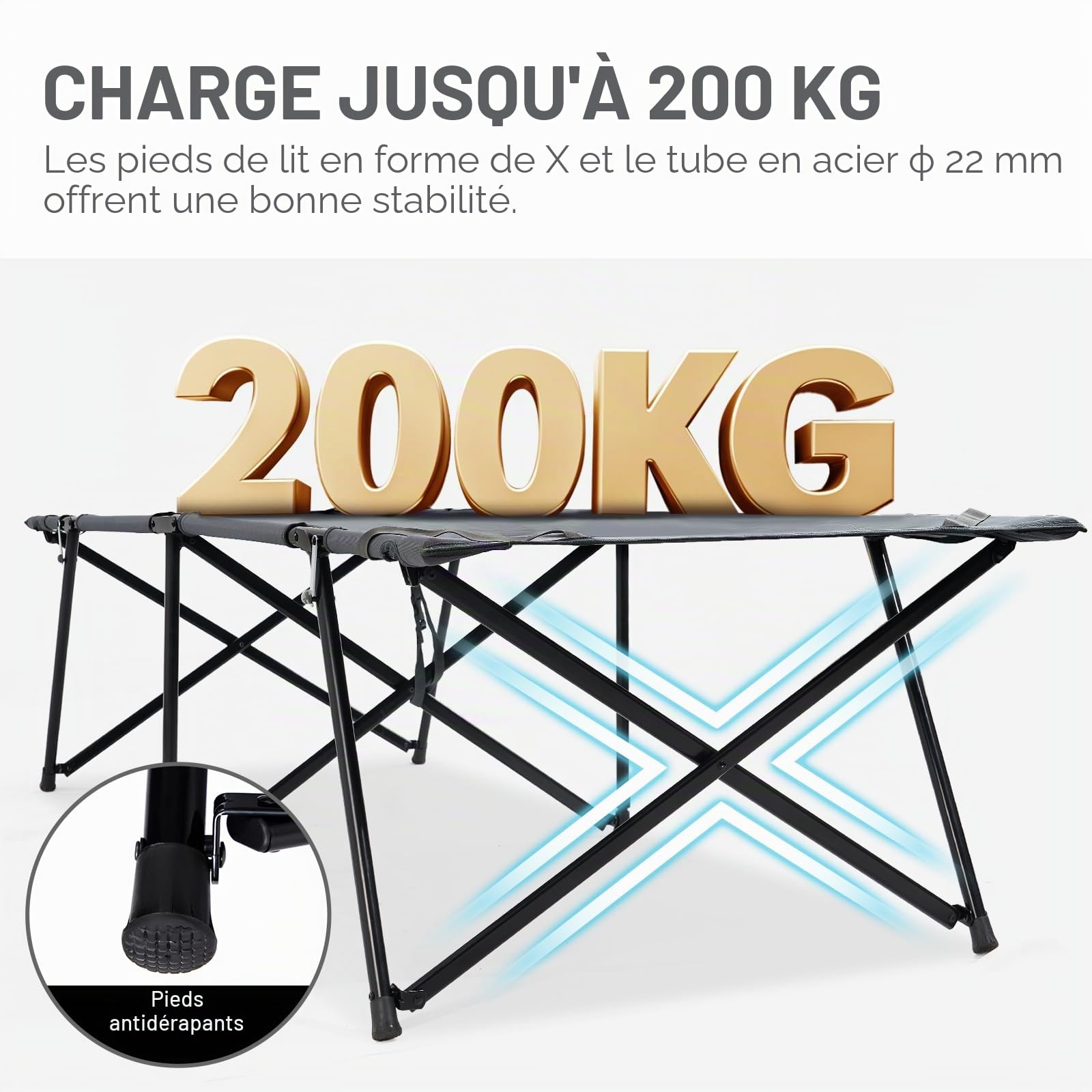 EVER ADVANCED Lit de Camping Pliable XL 214x79x50cm, Charge maximale 200 kg, Lit de Camp Large avec Poche latérale, Stable et Portable, pour Camping, Voyage, Jardin, extérieur et intérieur
