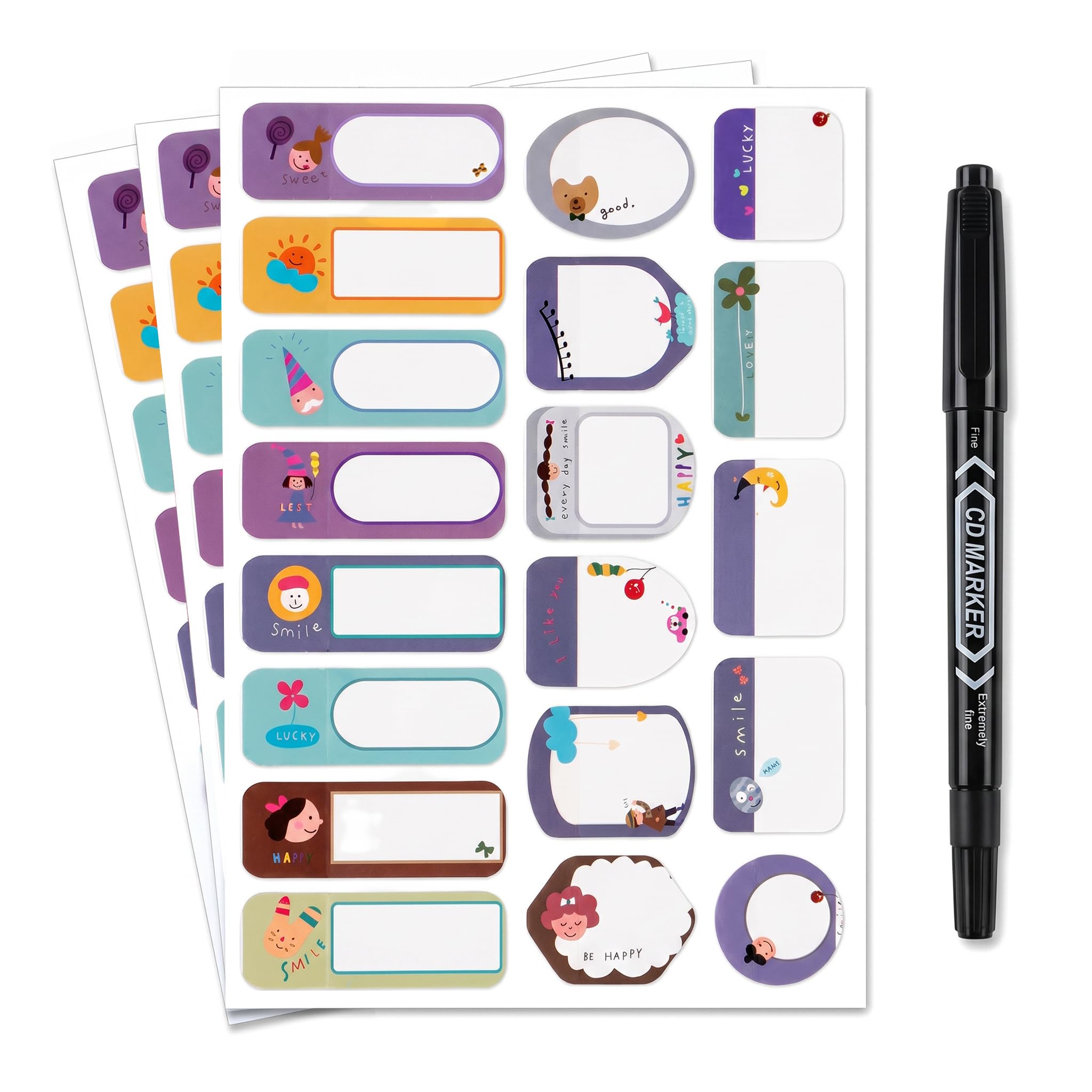 190PCS Waterproof Name Labels Stickers for Kids with Pen, Cartoon Patterns and Colourful Designs, Self Laminating Labels for Water Bottles, Stationery, Lunch Box, School Name Stickers