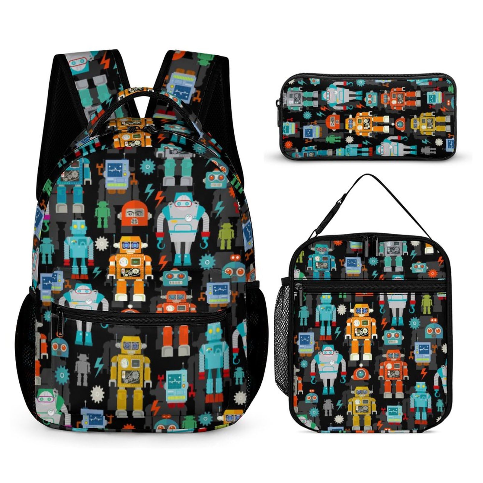 3PCS Cartoon Robots Backpack, Cute Shoulders Backpack Lightweight Durable Laptop Bag, 17 Inch Daypack with Multiple Pockets (Vintage Robots)