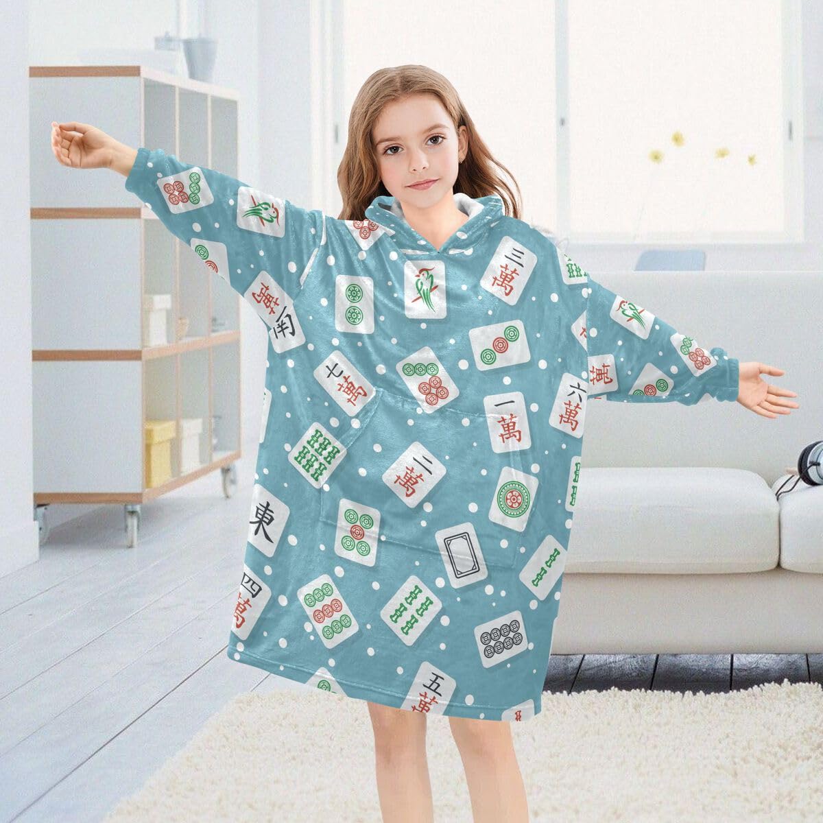 Mahjong Dziecięcy koc do noszenia, bluza z kapturem, oversize, sweter, tekstura, dla chłopców i dziewcząt w wieku 3-14 lat