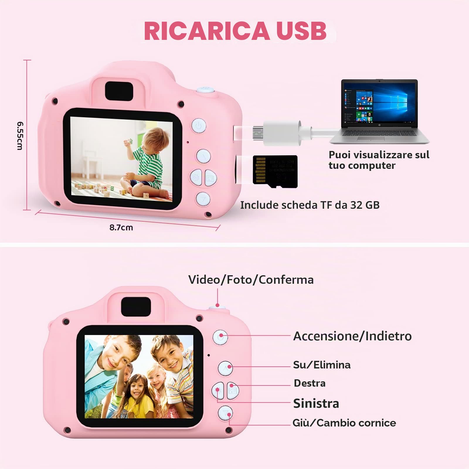 ASTGMI Macchina Fotografica Bambini, 12MP Mini Ricaricabile Fotocamera Digitale Bambina Videocamera Regalo per Ragazze Ragazzi 3-10 Anni, con Scheda 32 GB, Regali Giocattolo di Natale & Compleanno