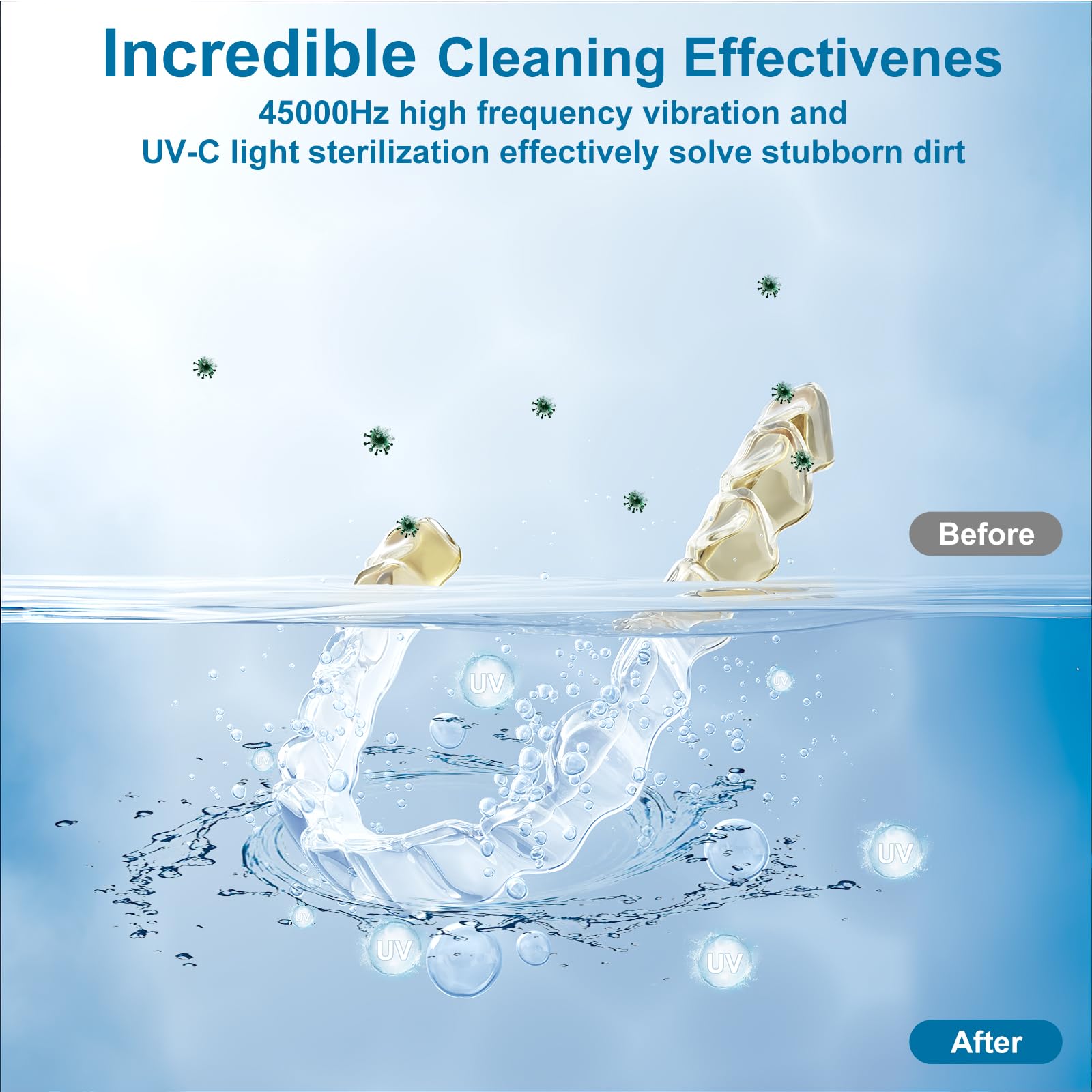 Pulitore Ultrasuoni Apparecchio Denti con Sterilizzatore UV,Alta Frequenza a 45 kHz Clean Pod,4 Modalità per Apparecchi Ortodontici, Bite Notturni, Allineatori ecc.,200 ml,Nero