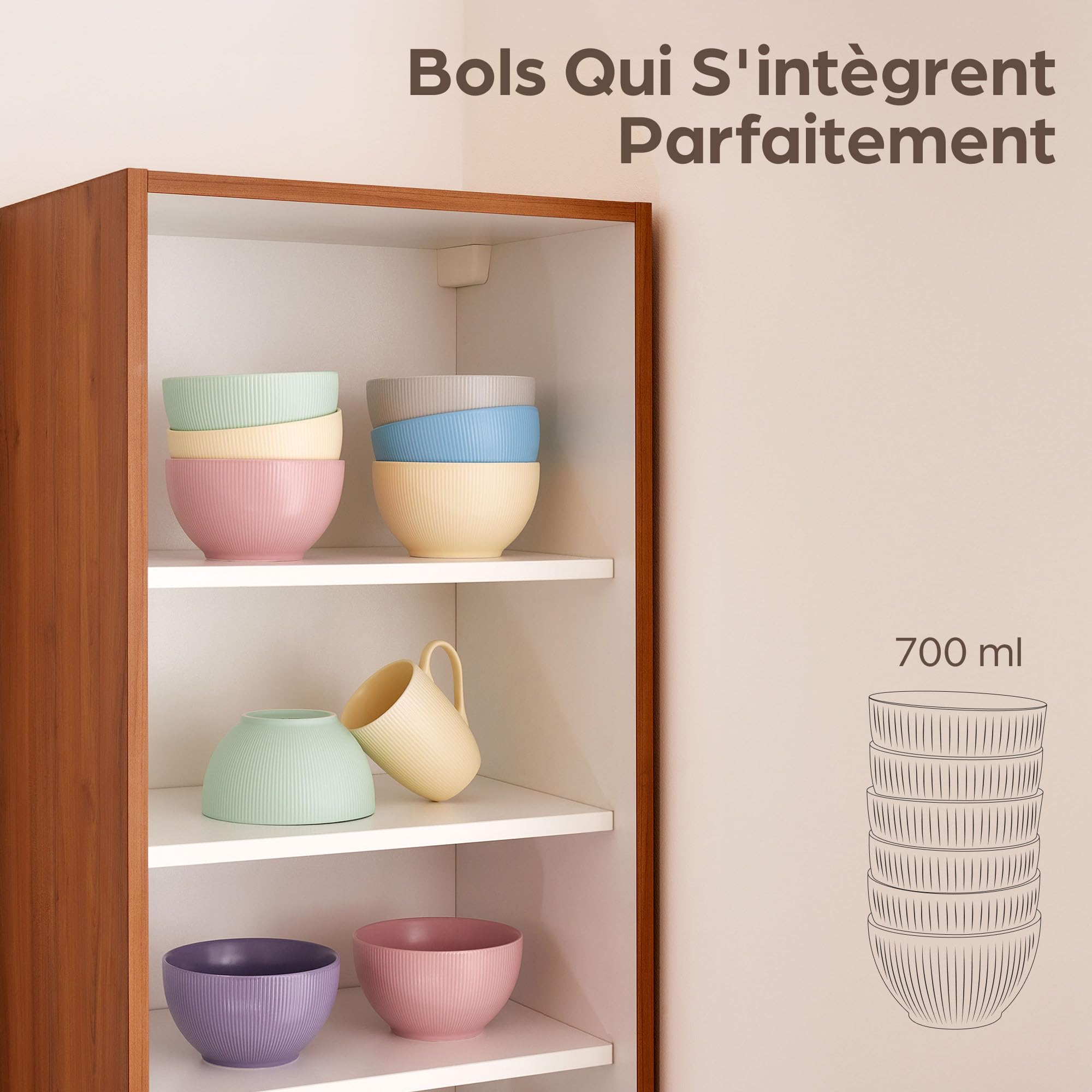 Praknu 6 Bols en Céramique de 700 ml Colorée – Pour Petit-déjeuner, Céréales, Salades et Soupes – Résistants et Compatibles avec le Micro-ondes et le Lave-vaisselle – Bol En Céramique Colorée