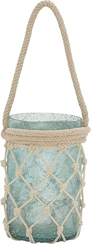 Deco 79 Farol de vela de vidrio con mango de cuerda, 5 x 5 x 16 pulgadas, azul