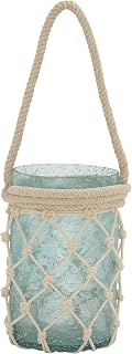 Deco 79 Glass Indoor Outdoor Candle Lantern Decorative Lantern Candle Holder with Rope Handle, Lantern 5" x 5" x 16", Blue