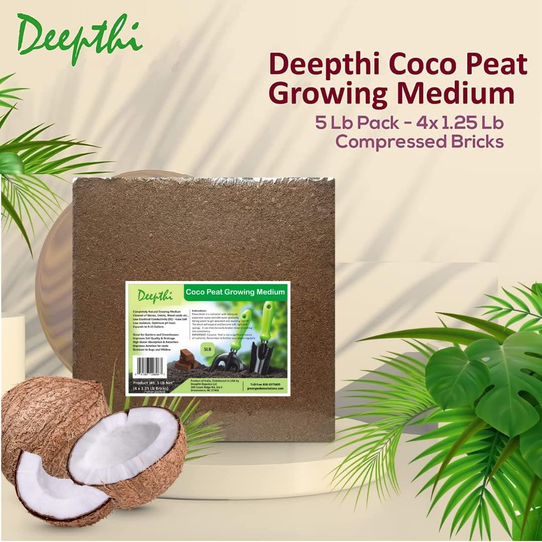 Deepthi Coco Peat Growing Medium - 10 Lb Compressed Block Brick - Coco Coir, Coco Peat, Coir Pith - Alternative to Peat Moss – Soilless Potting Mix - Low EC, Optimum pH, High Expansion : Patio, Lawn & Garden
