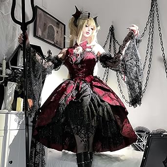 ゴスロリ・ロリータドレス 黒と赤の花柄 ゴシック風 小悪魔 地雷系 姫袖薔薇付き 712UAh3WJvL._AC_SX342_.jpg