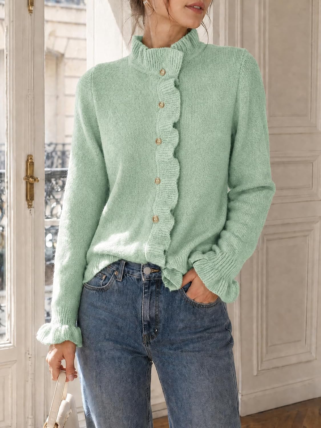 Wenrine Womens Ruffle Cardigan Sweaters Casual Button Down Knit Tops Coat