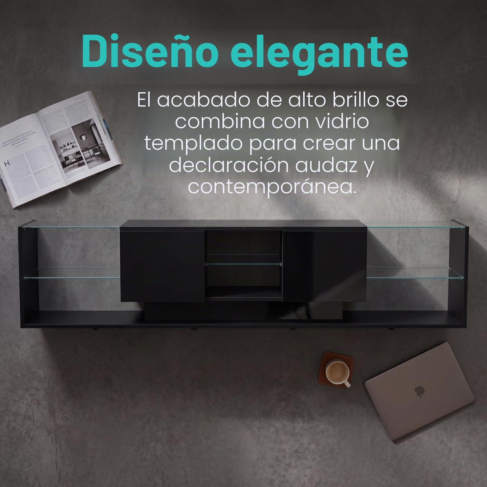 Mueble de TV con luces LED para televisores de hasta 85 pulgadas, moderno y brillante, con espacio de almacenamiento y estantes de cristal abiertos, para salón, dormitorio, color negro