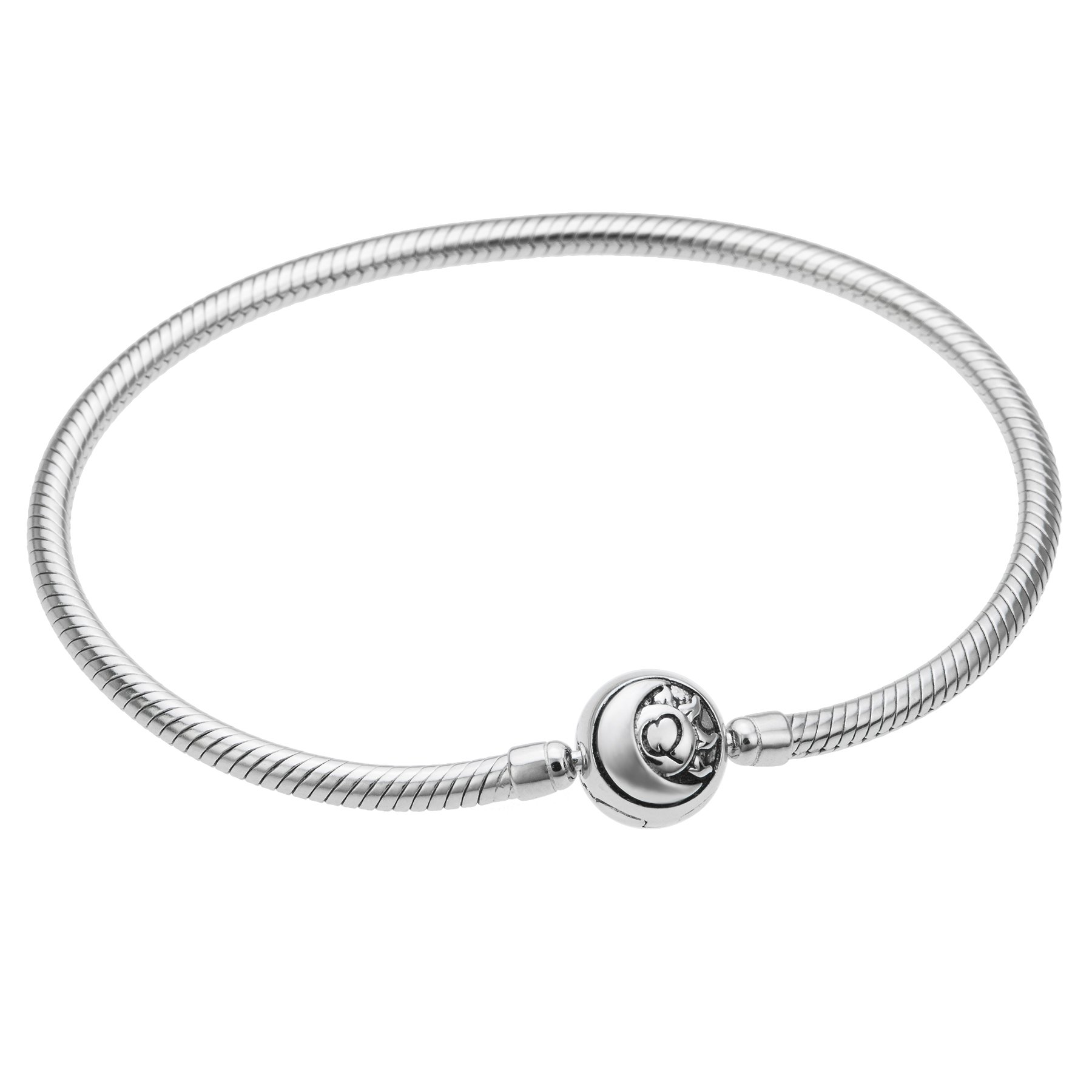 Qina C Rhodium On Sterling Silver Snake Bracelet with Round Sun Moon Bead Clasp for European Charms
