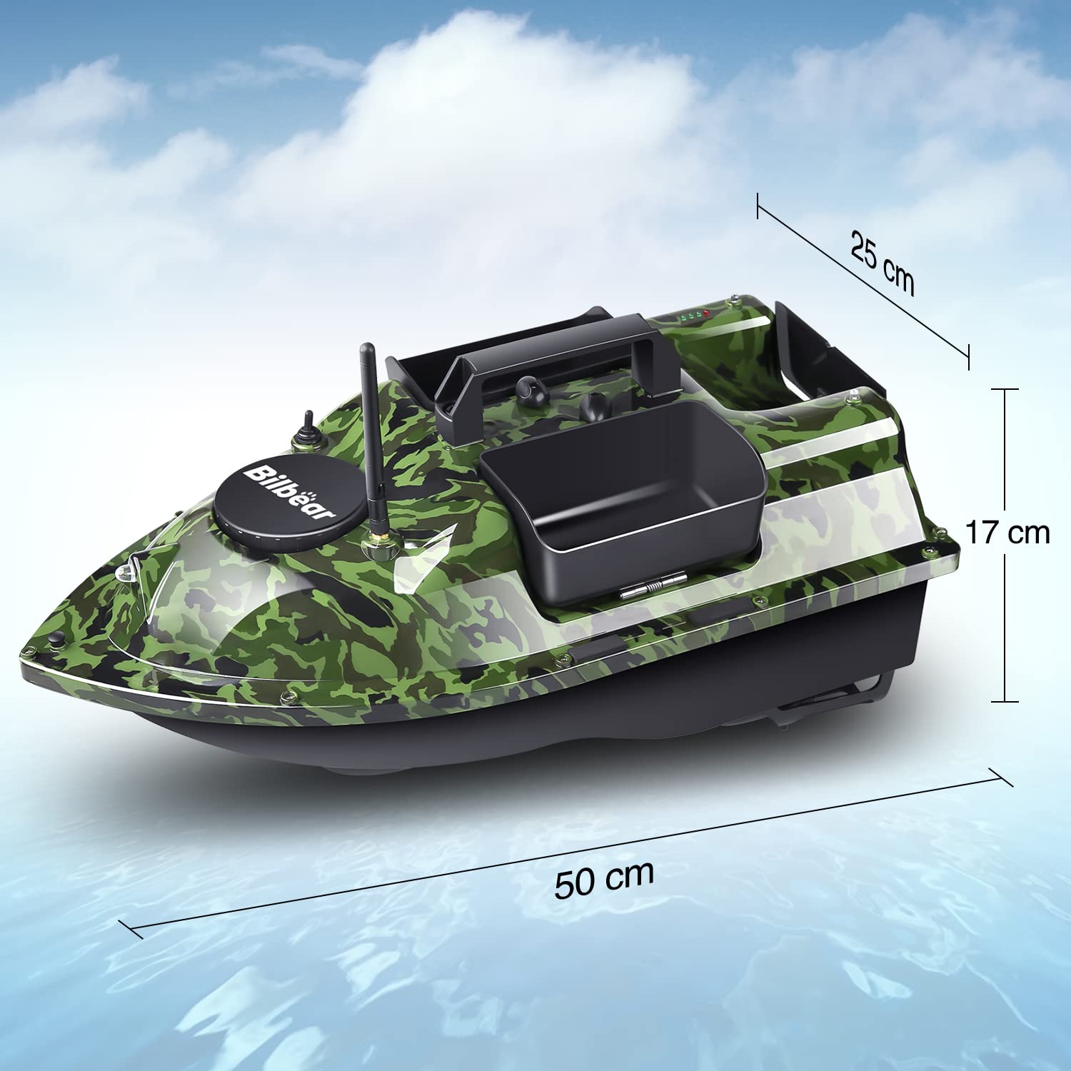 barco de cebo GPS con echólot y GPS, 3 compuertas, suministro de cebo, pesca con sensor sonar, batería de repuesto, bolso (Camo Boot con buscador de pescados)