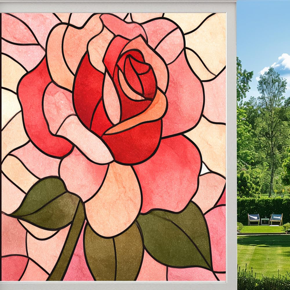 Rustic Roses Privacy Window Film, Colorful Floral Natural Plants Frosted Self-Adhesive Vinyl Cling for Glass Doors Bathroom Windows Sun Blocking Heat Control, （45x60cm）