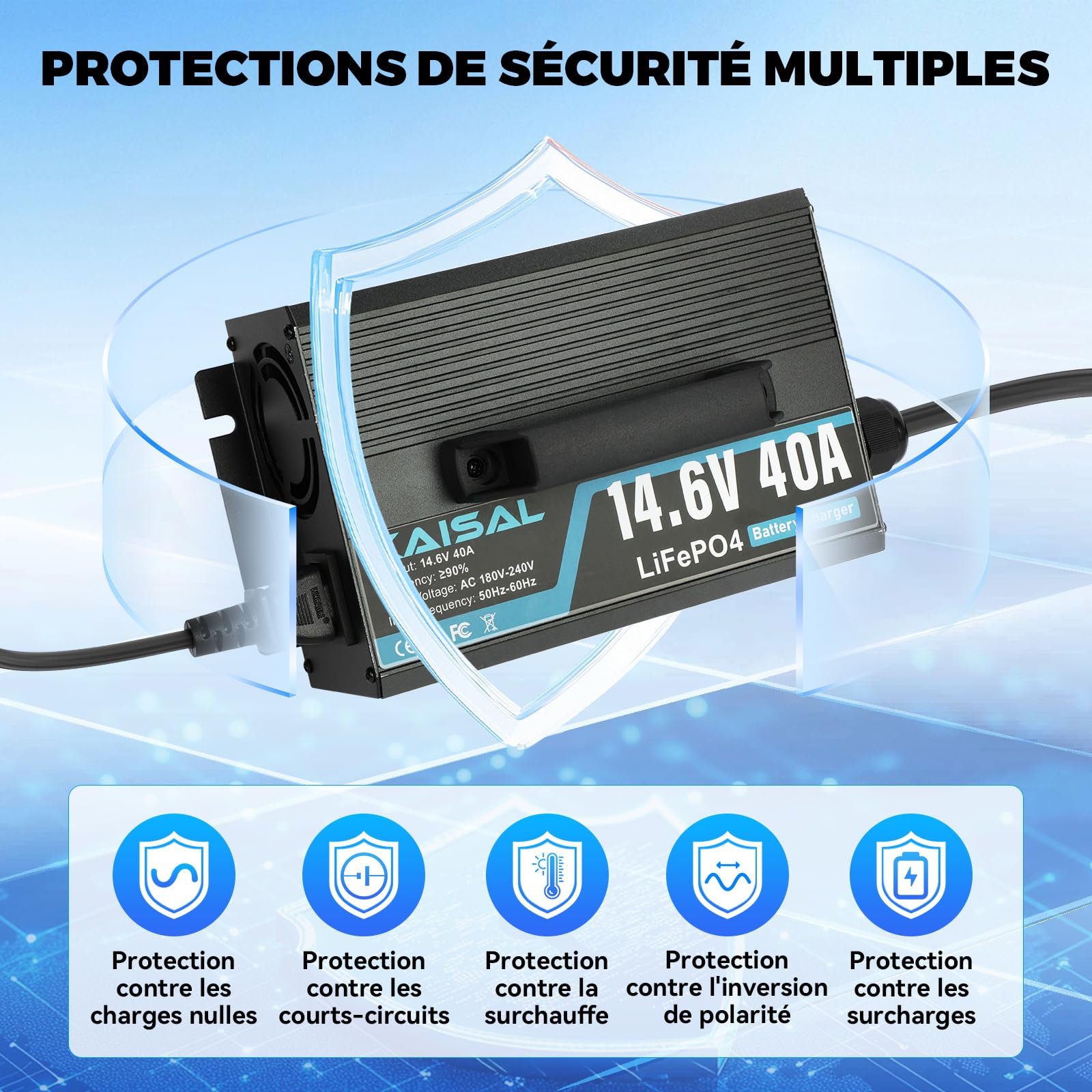 14.6V 40A Chargeur de Batterie LiFePO4, 12V Chargeur de Batterie Lithium 40A Chargeur de Lithium LiFePO4, pour Bateau, Moteur de Trolling, Camping, énergie Solaire