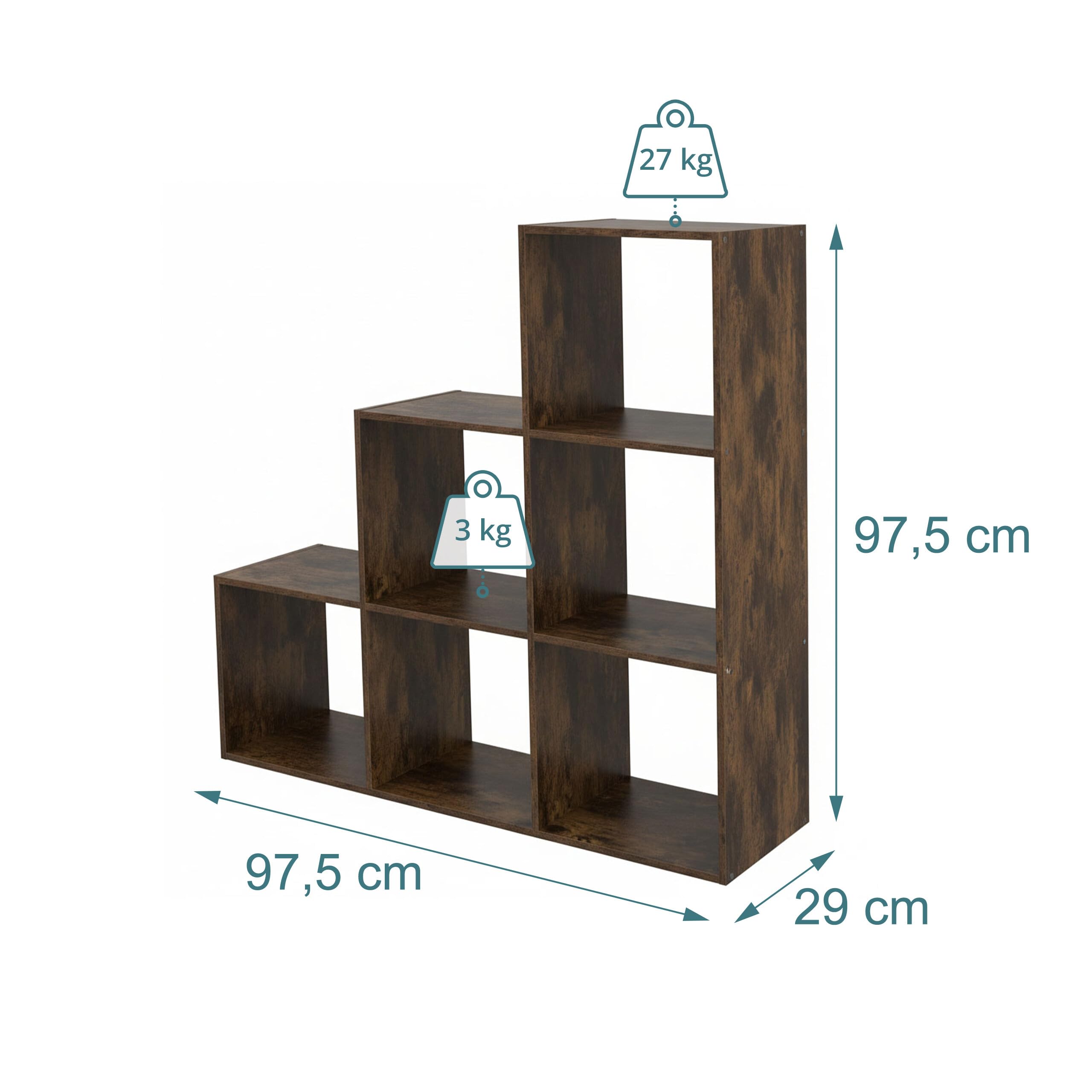 Relaxdays Scaffale a gradini, 6 Scomparti, HxLxP: 97,5x97,5x29 cm, sottotetto, libreria Salotto, Marrone Vintage
