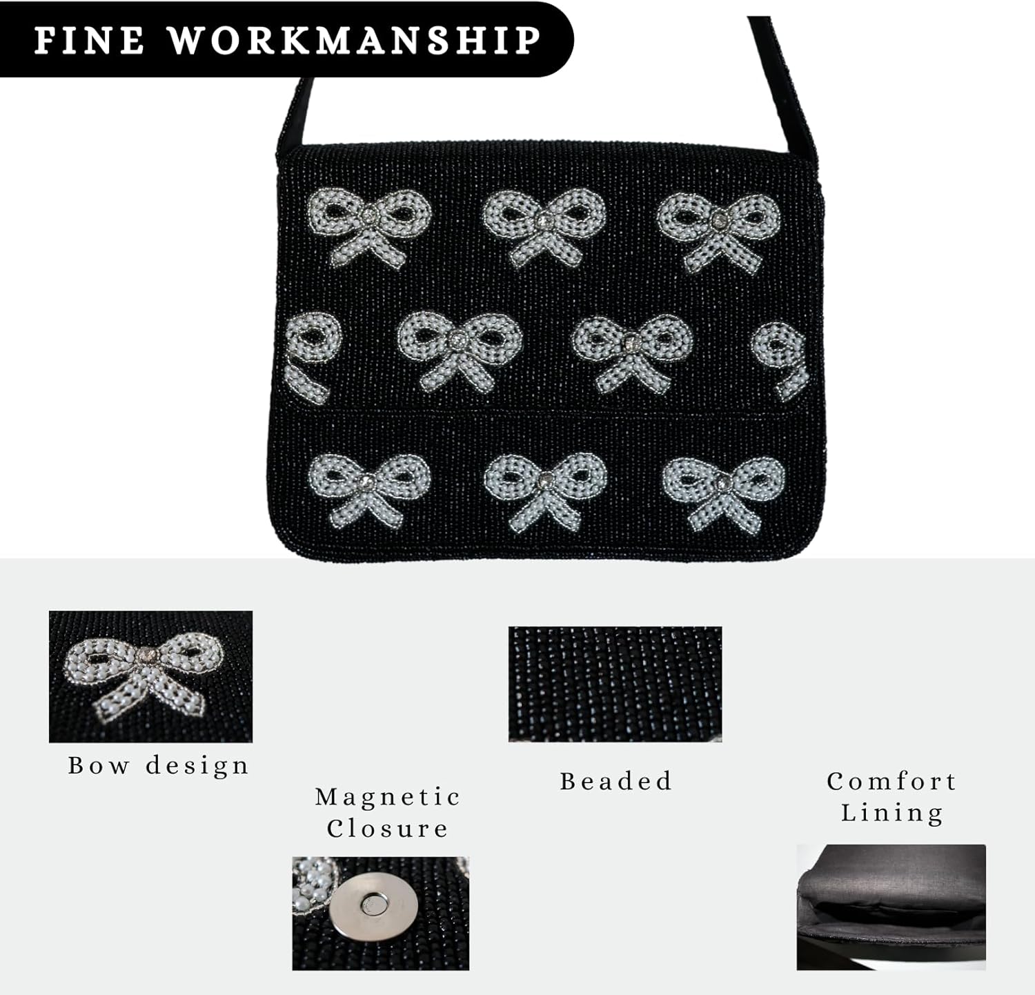 Elegant Black Beaded Shoulder Bag with Bow Accents, Chic Formal & Casual Occasions, Lightweight & Durable (Bow Elegance) - Image 5