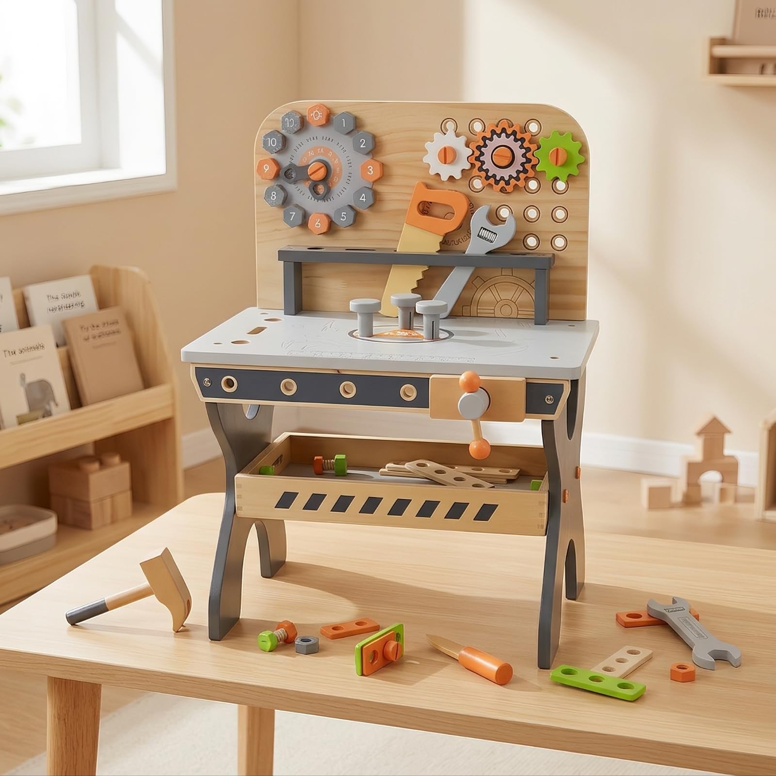 Banco da Lavoro in Legno Creativo | STEAM, Sicuro, Banco da Lavoro con Attrezzi, per Cameretta, Bambini,