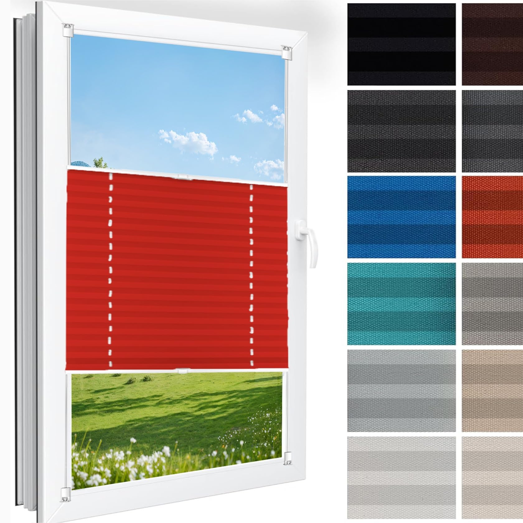 Stick on Blinds for Windows with Clips 45 x 105 cm (W x H), Self-Adhesive Non-Woven, Crumpled Effect, Honeycomb Blinds Pleated Shades, Cordless Window Blinds, for Window Door, Red