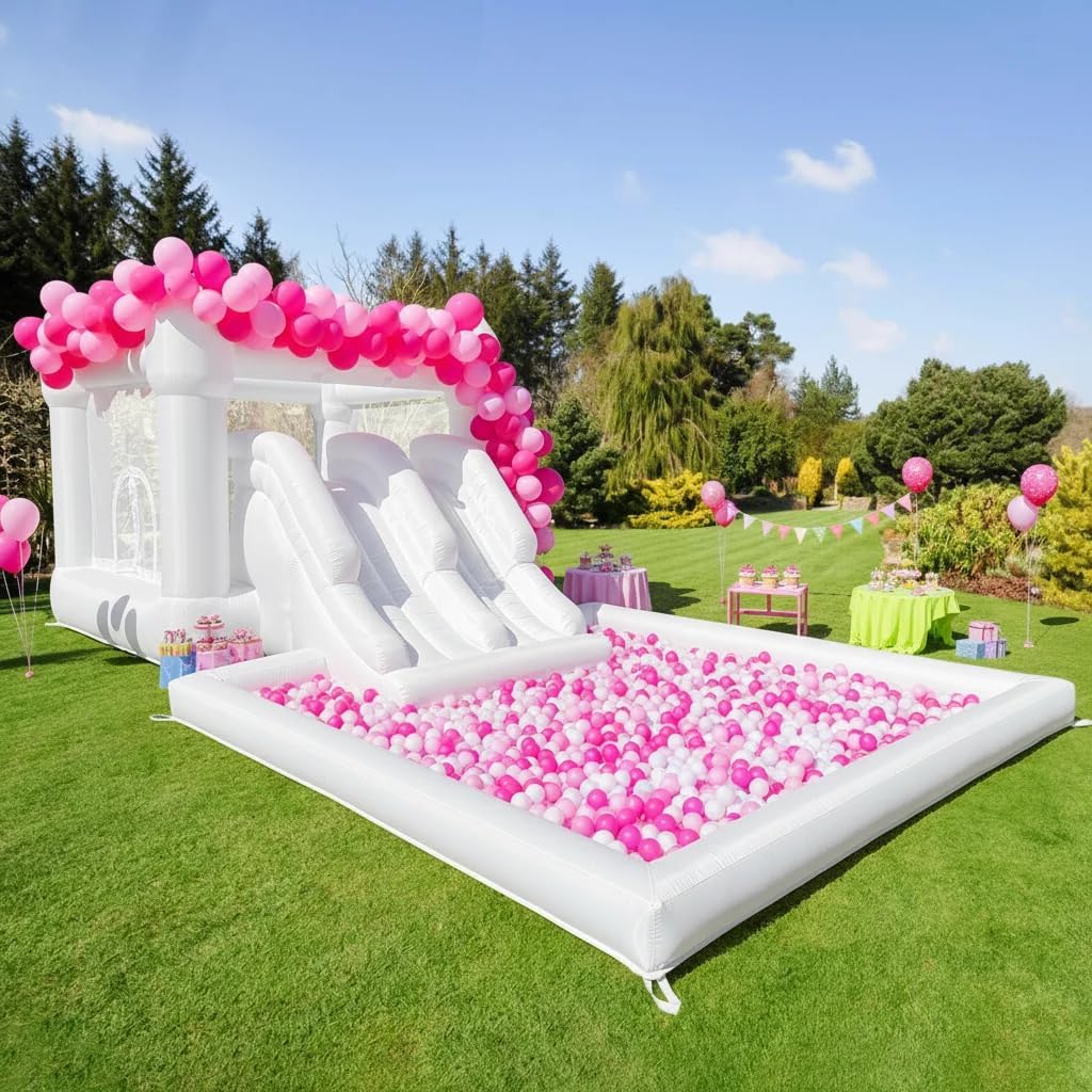 19ft Large Water Slide Bounce House, Oxford Water Slide with Double Slide and Ball Pool/Pit, White Bounce House with Air Blower for Kids Summer Outdoor Fun