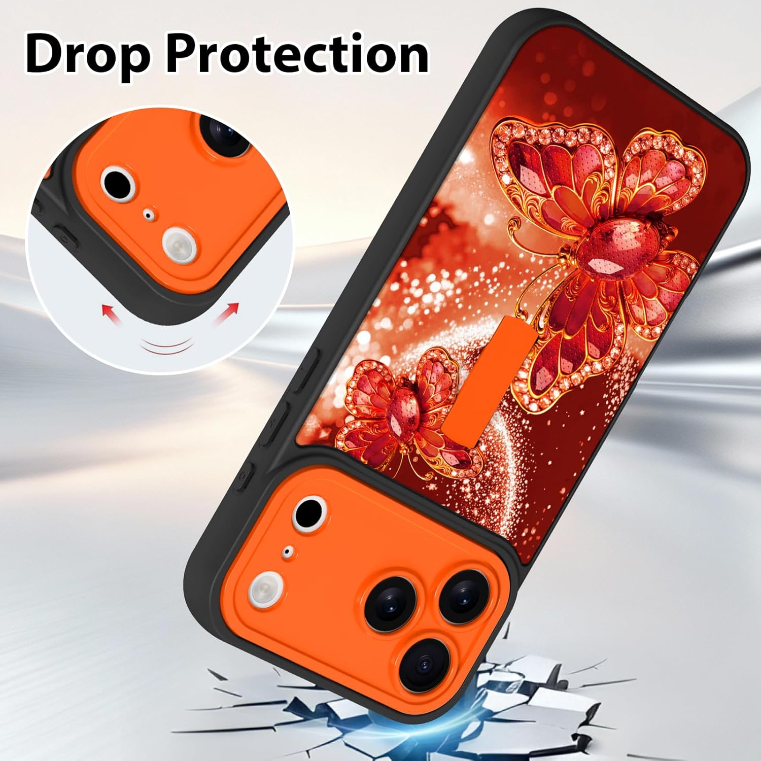Phone Case Made for fit for iPhone 17 Pro Max, Strap Stand, Cover for Girls Women -Orange Butterfly