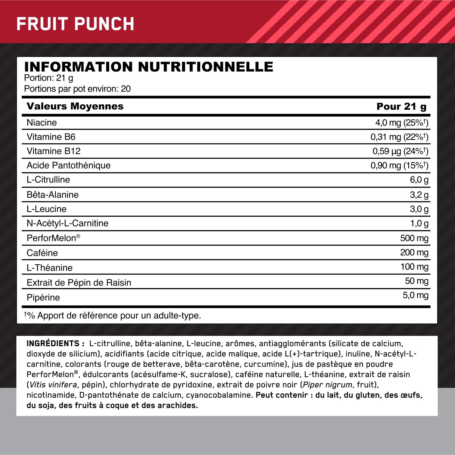 Optimum Nutrition Gold Standard Advanced Pre Workout en poudre, Booster d'énergie avec l-Citrulline, Beta-alanine, Caféine et Vitamines B12 et B6, Goût Cocktail de fruits, 20 Portions, 420 g