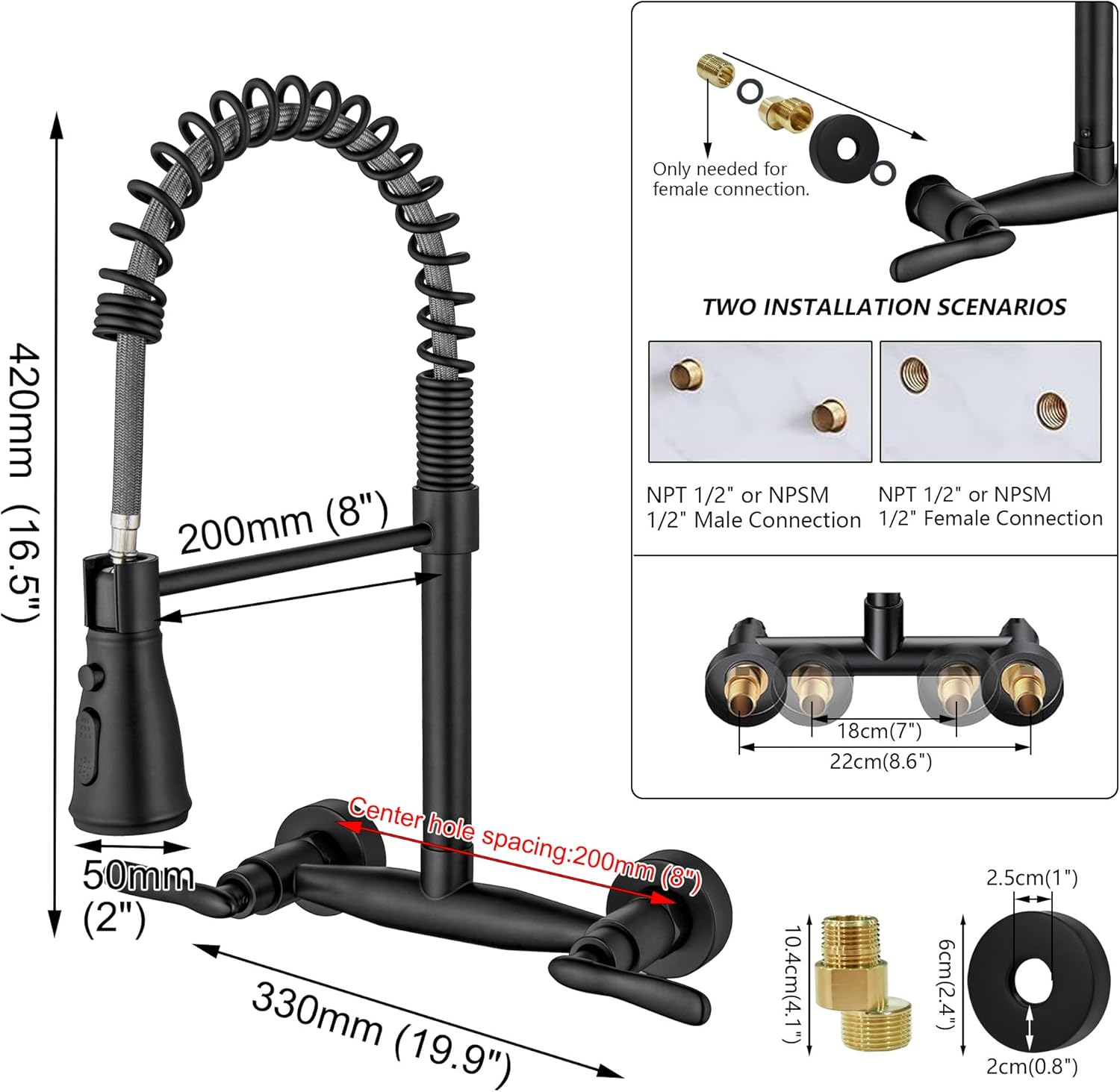 Wall Mount Kitchen Faucets, Matte Black Wall Mounted Kitchen Faucet 8 Inch Center Kitchen Sink Faucets with Sprayer