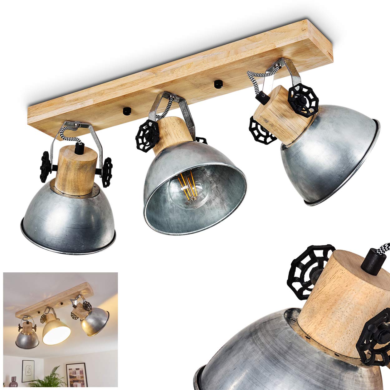 Ceiling lamp Orny, Ceiling lamp Made of Metal/Wood in zinc/Brown, 3-Flame, with Adjustable spotlights, 3 x E27-socket, Retro/Vintage Design spot, Without Bulbs
