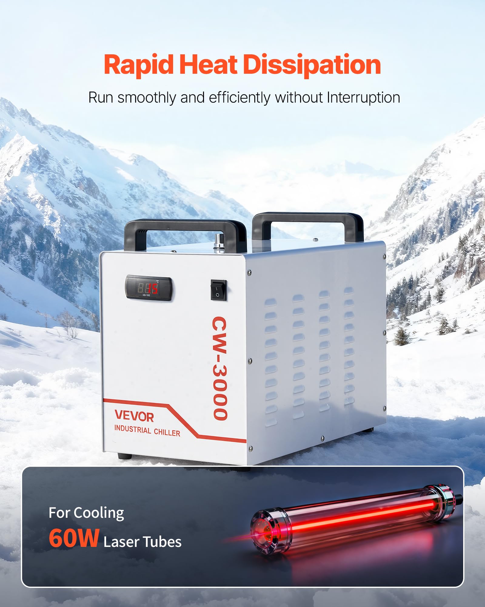 VEVOR Refroidisseur d'Eau Industriel CW-3000 Refroidisseur d'Eau Réservoir 9 L Système de Refroidissement pour Machine de Gravure Laser et Tube Laser, Débit Maximal 10 L/min, Ventilateur Haute Vitesse