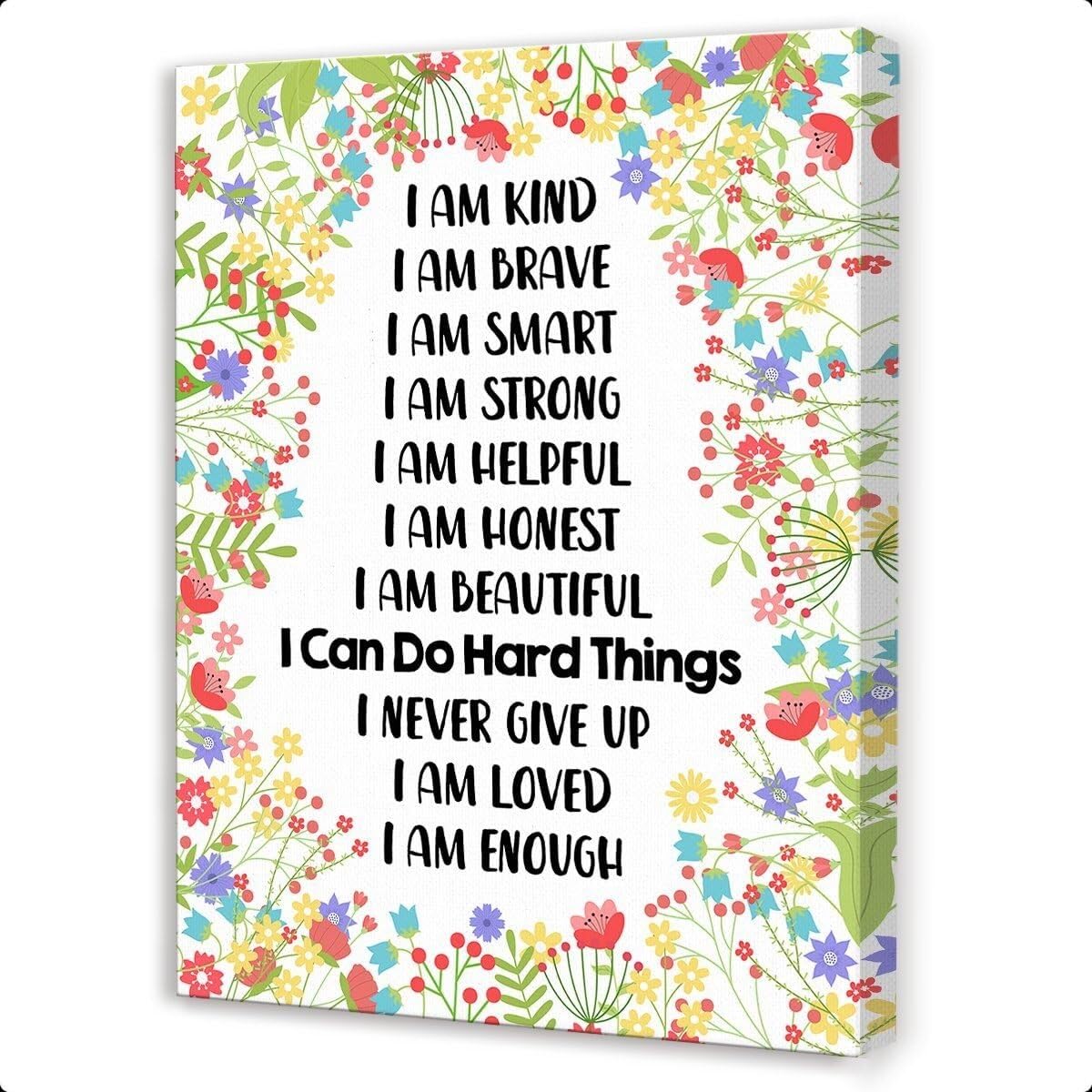 UYCUODLUY Motivational Quote Canvas Wall-Art For Daughters I Am Kind I Am Brave I Am Smart Affirmations Room Decor