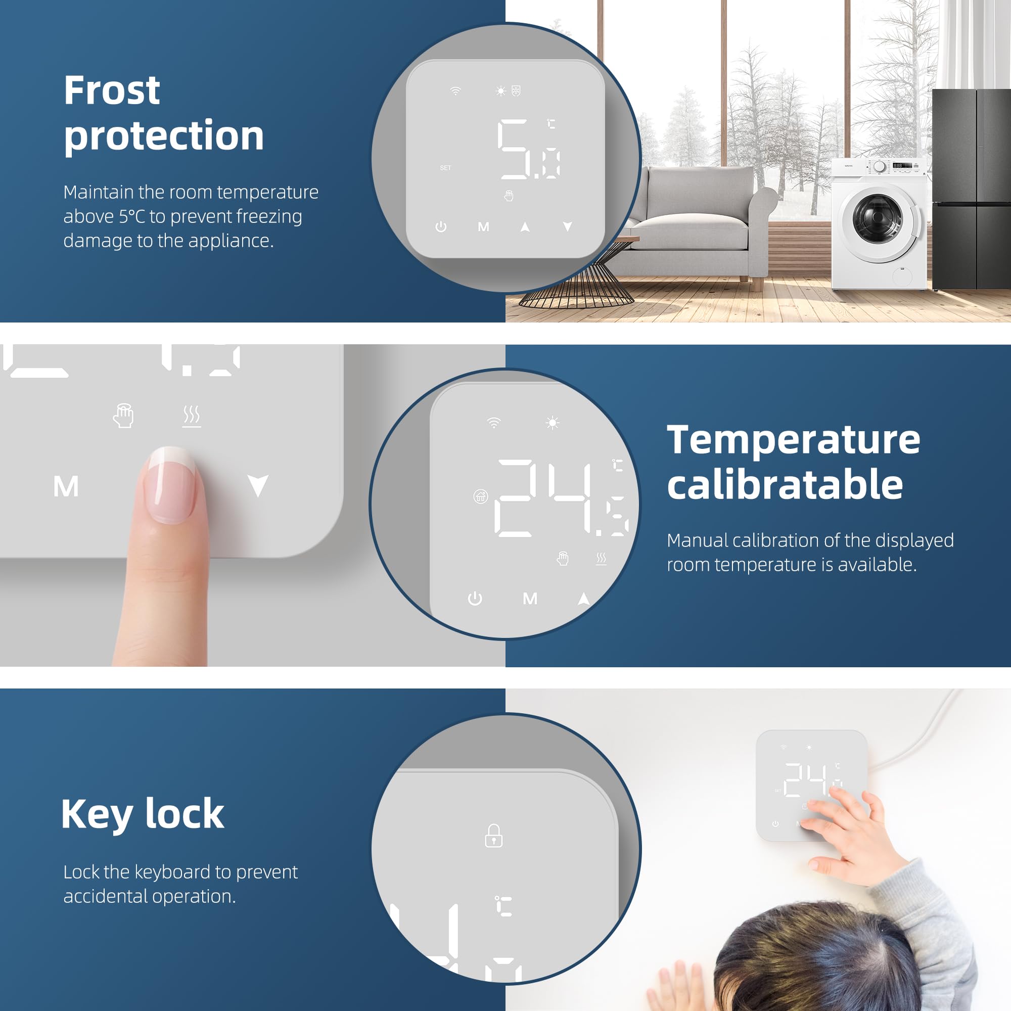2-przewodowy termostat Wi-Fi. Programowalny codziennie termostat Wi-Fi. Zdalnie sterowany przez TUYA lub Smart Life, kompatybilny z Google Assistant i Alexa.