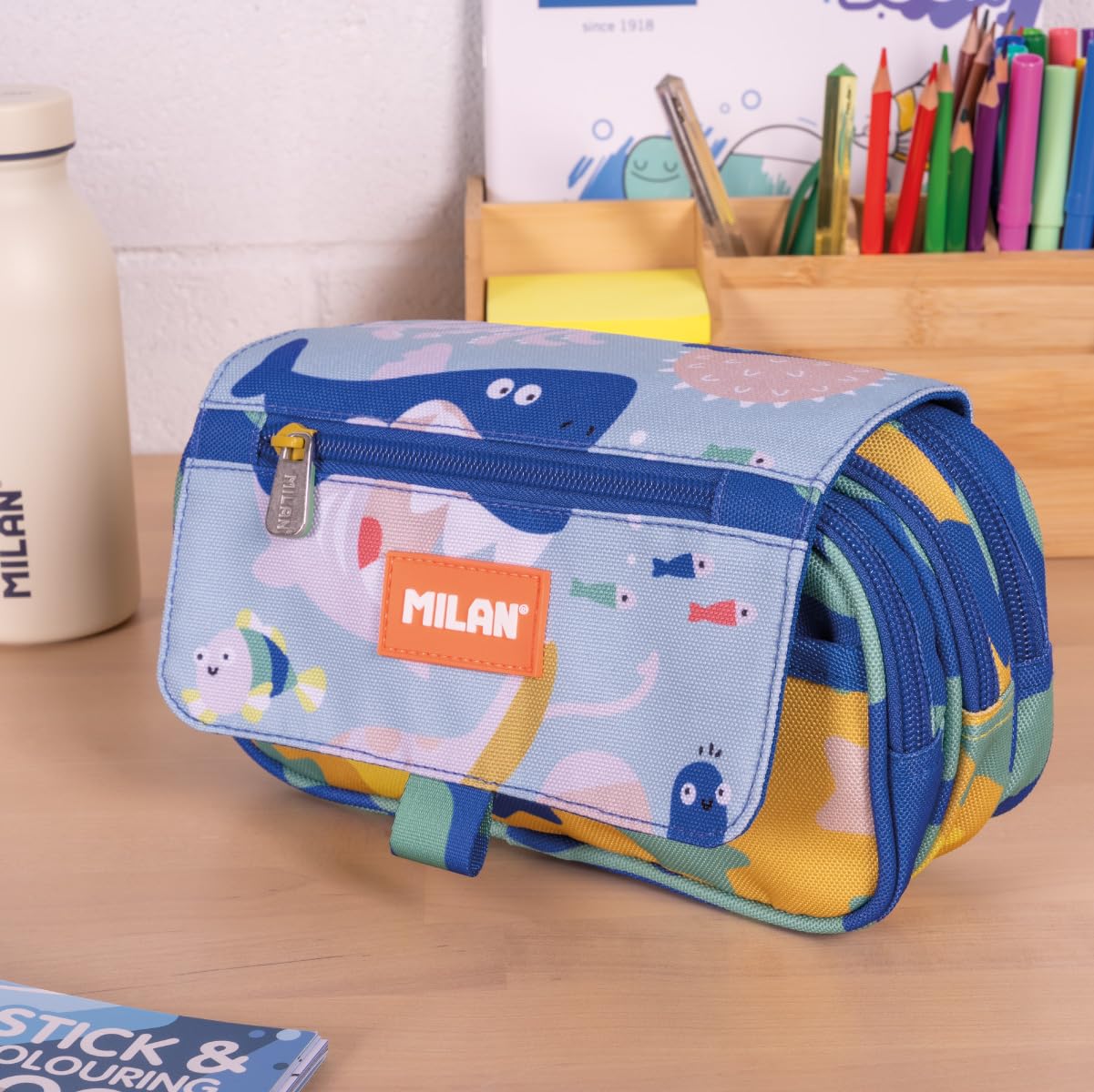 MILAN Blue Odyssey Special Series 4 Zip Pencil Case with Flap - Image 4