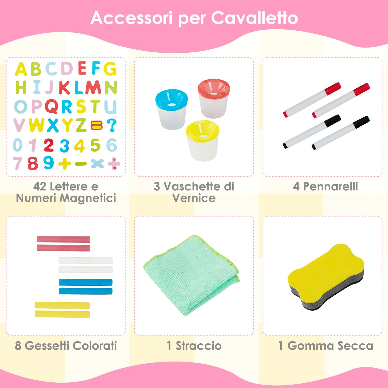 COSTWAY Cavalletto per Bambini Regolabile in Altezza in Legno, Cavalletto a Doppio Lato con Lavagna Magnetica e Bianca, con Scatola, Magneti con Lettere e Numeri, per Bambini 3-8 Anni (Rosa)