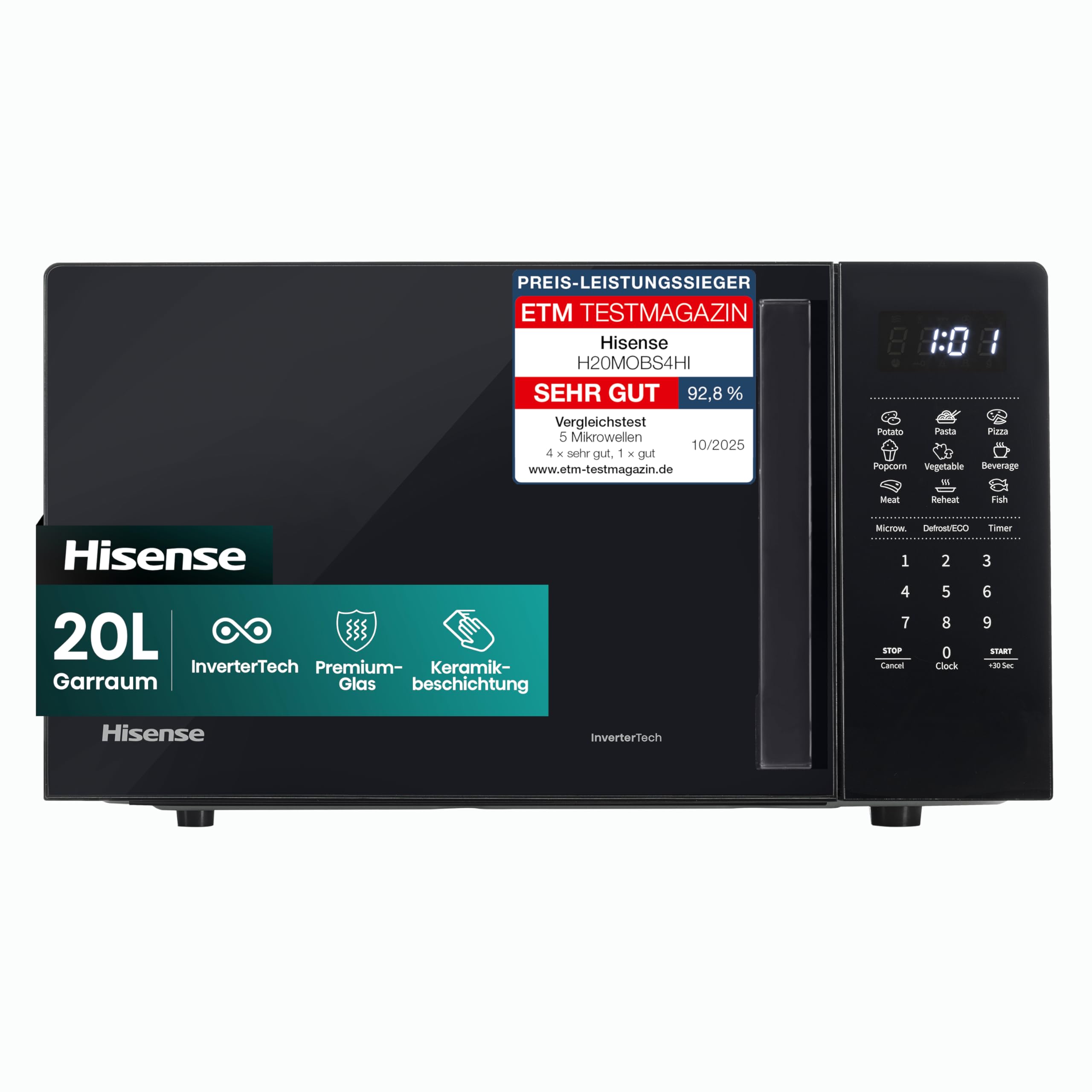 Hisense H20MOBS4HI Mikrowelle /20 L /700W /InverterTech/Keramikbeschichtung/Maßgeschneidert, Mehrphasiges Kochen/Auftaufunktion/Auto-Programm/Eco mode/10 Leistungsstufen/Kindersicherung/Schwarz