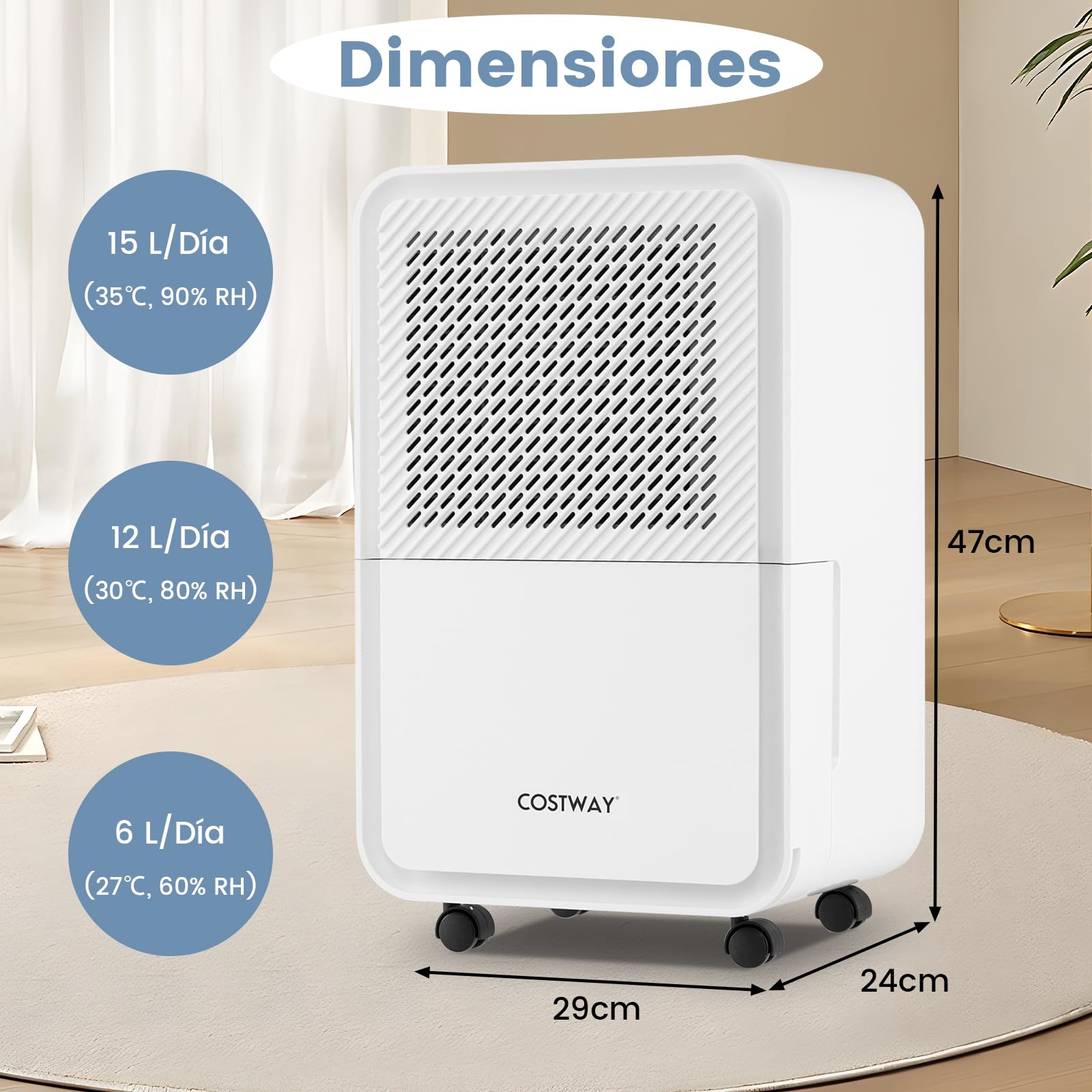 COSTWAY 15L Deshumificador de Humedad, Deshumidificador Silencioso con 4 Modos, Temporizador 24H, Pantalla Digital, Drenaje Continuo o Manual, Auto Descongelación para Sótano, Baño, Dormitorio