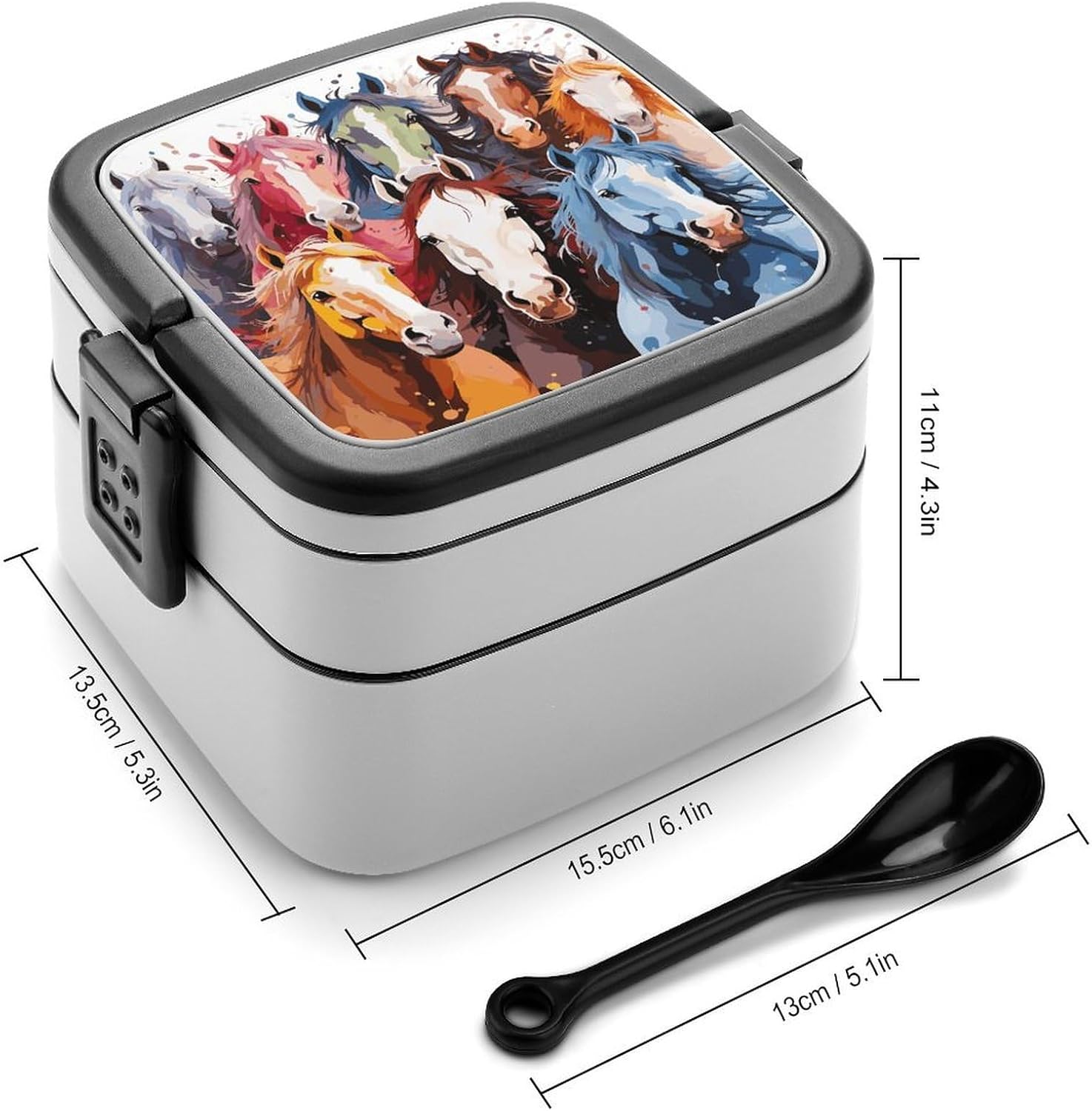 Colourful Cartoon Horses Bento Box Large Capacity Double Layer Lunch Boxes Portable Leakproof Meal Box Stackable Lunch Container For Work Picnic Camping